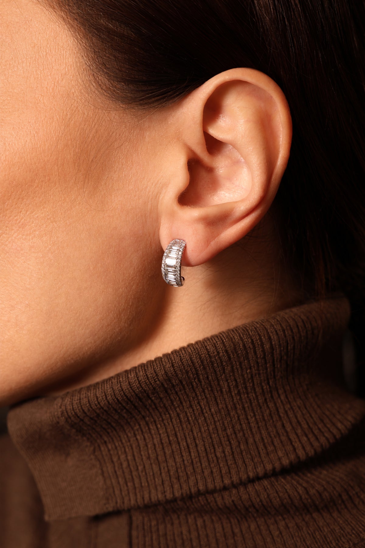 Baguette Pavé Huggie Natural Diamond Earrings in 18K White Gold, 1.9 ct