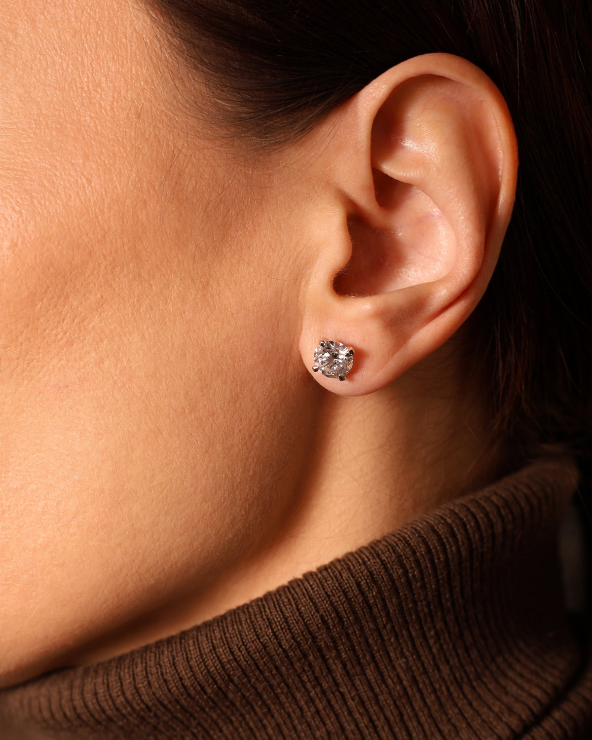 2 ct Round Lab Diamond Studs, Martini 3-Prong, 18K White Gold, worn on ear – STD-100-LAB-RD-M3-W