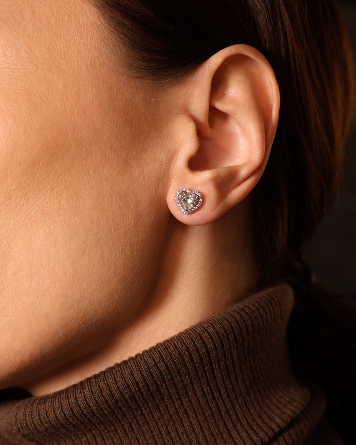 Heart Lab Diamond Studs 2.44 Carat, worn on ear – DER00318
