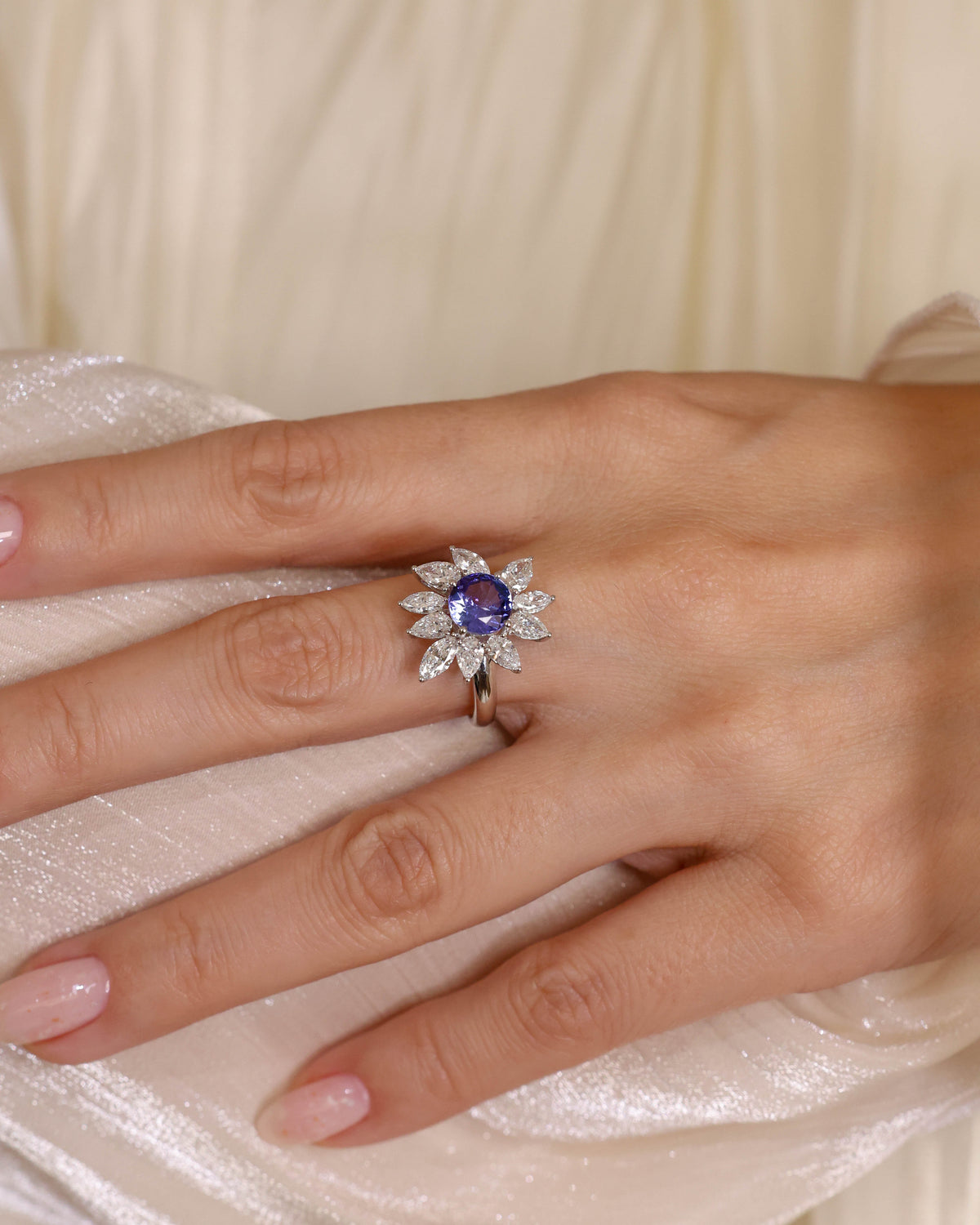 Tanzanite Floral Ring in 18K White Gold, 1.53 ct