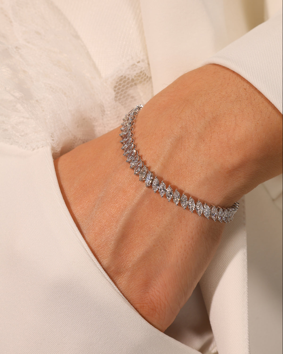 9.78 ct Marquise Lab Diamond Tennis Bracelet, worn on wrist – DBR00095