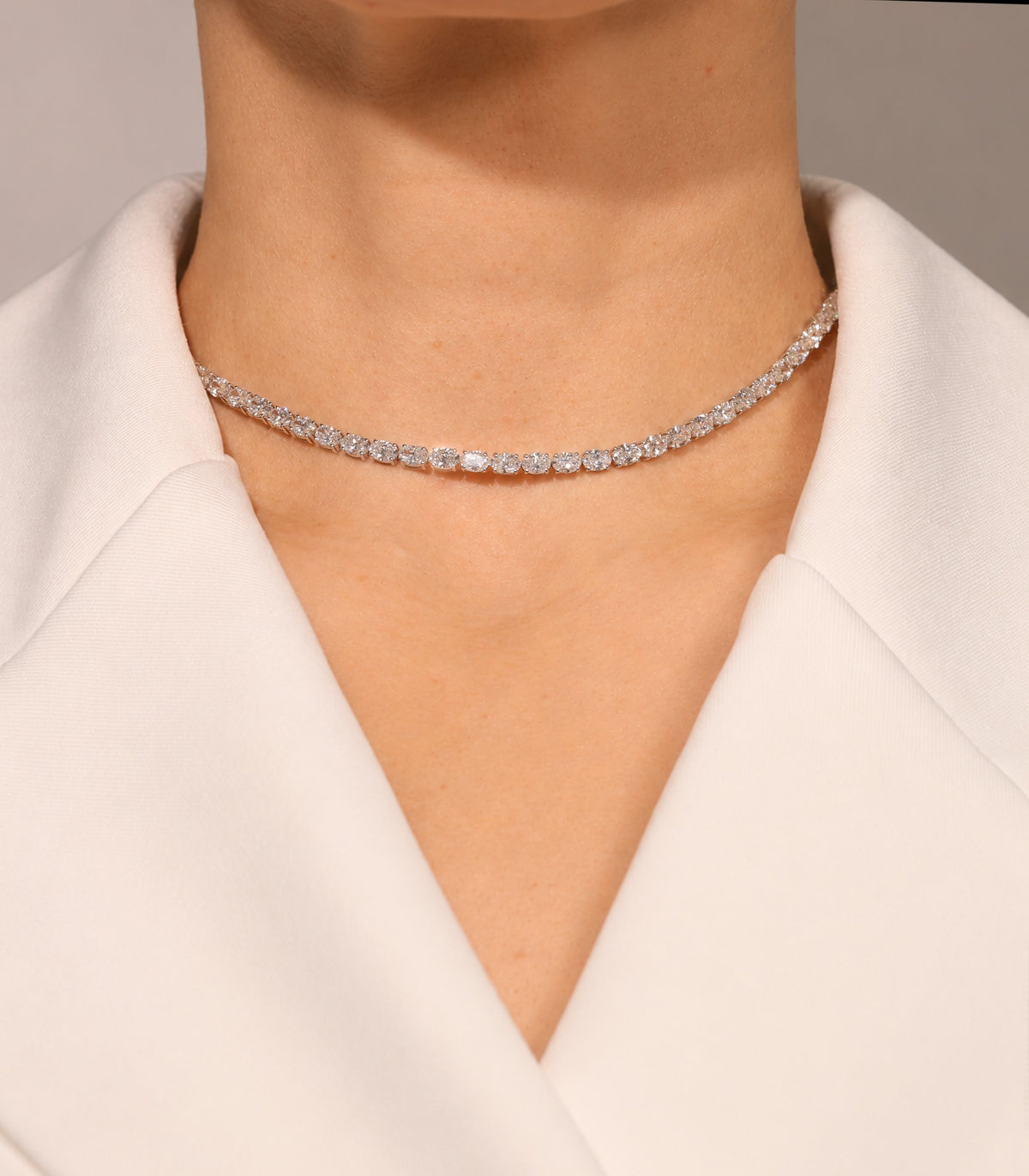 19.37 ct Oval Lab Diamond Tennis Necklace, close-up on neck – DNK00202