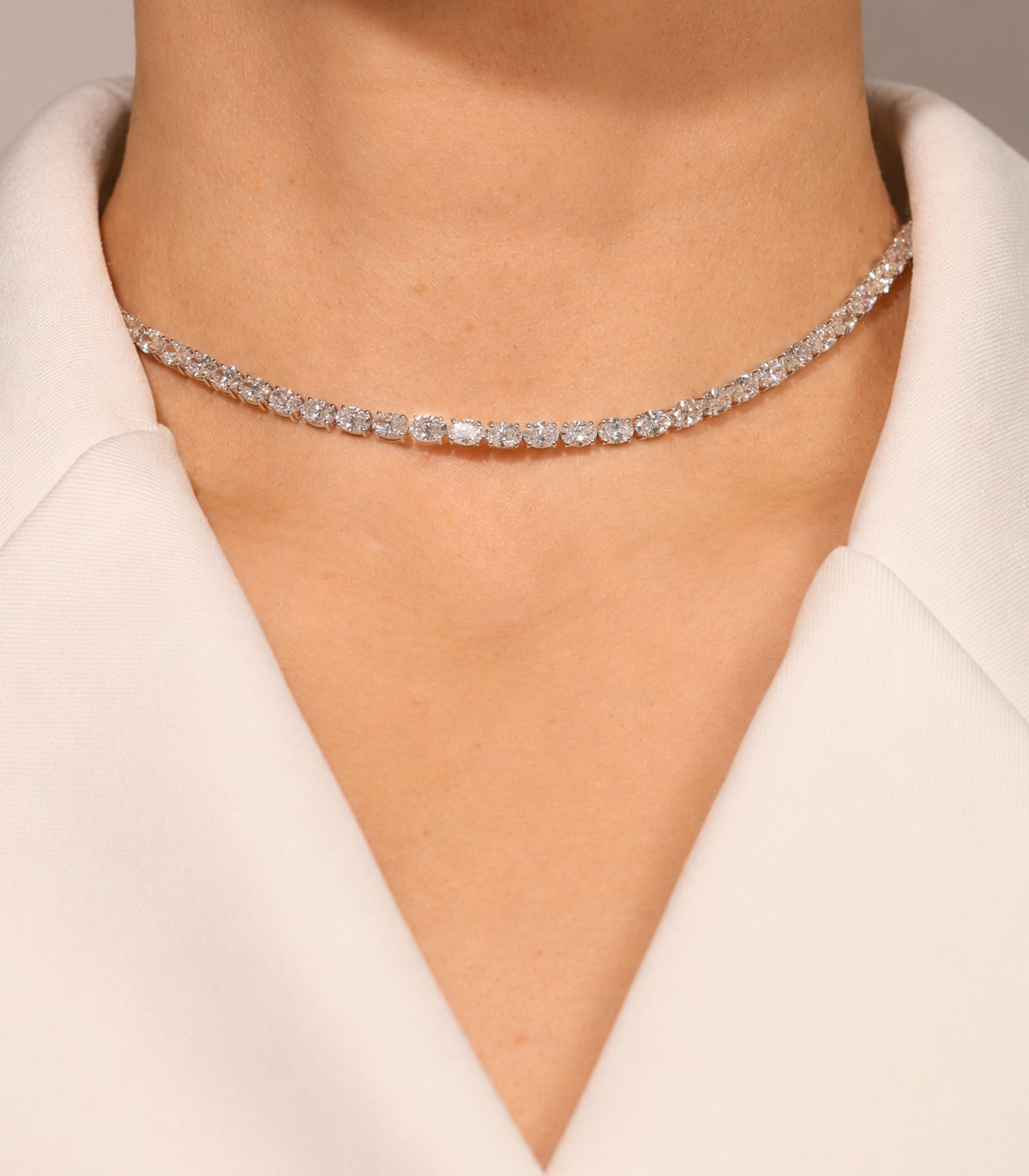 19.37 ct Oval Lab Diamond Tennis Necklace, close-up on neck – DNK00202