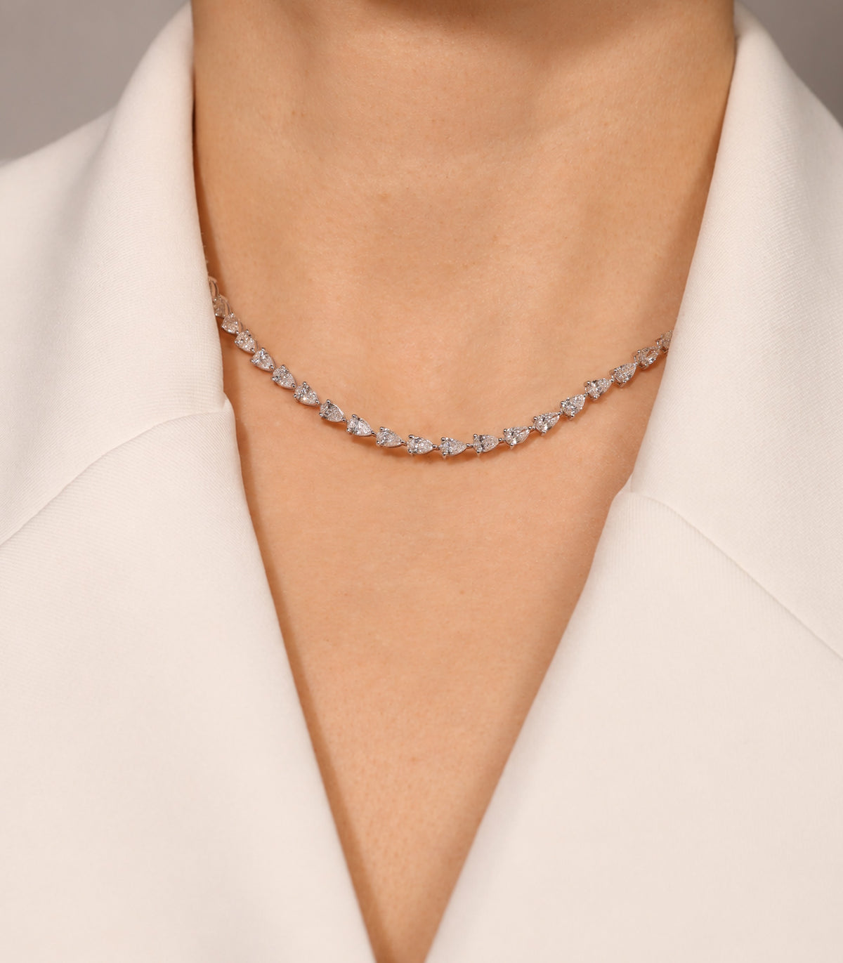 11.22 ct Pear Lab Diamond Tennis Necklace, worn on neck – DNK00203
