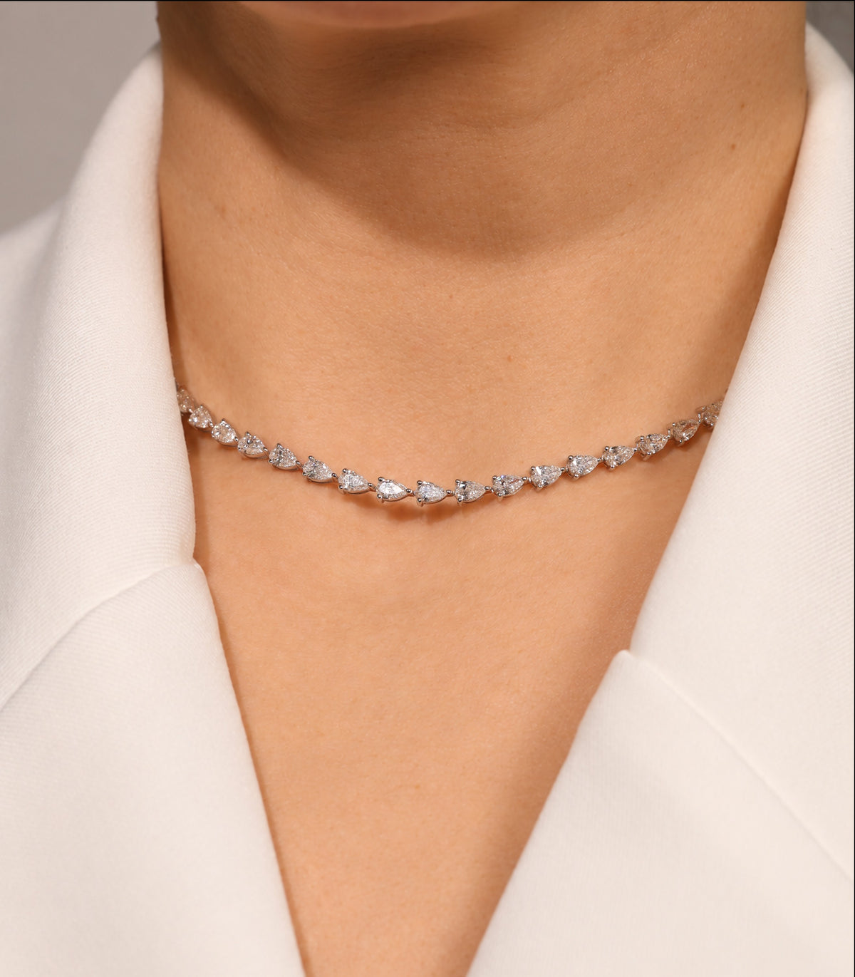 11.22 ct Pear Lab Diamond Tennis Necklace, close-up on neck – DNK00203