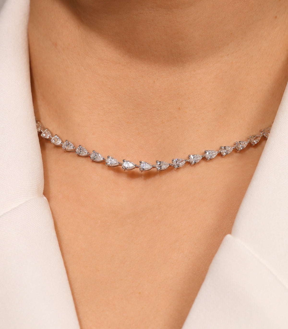 11.22 ct Pear Lab Diamond Tennis Necklace, close-up on neck – DNK00203