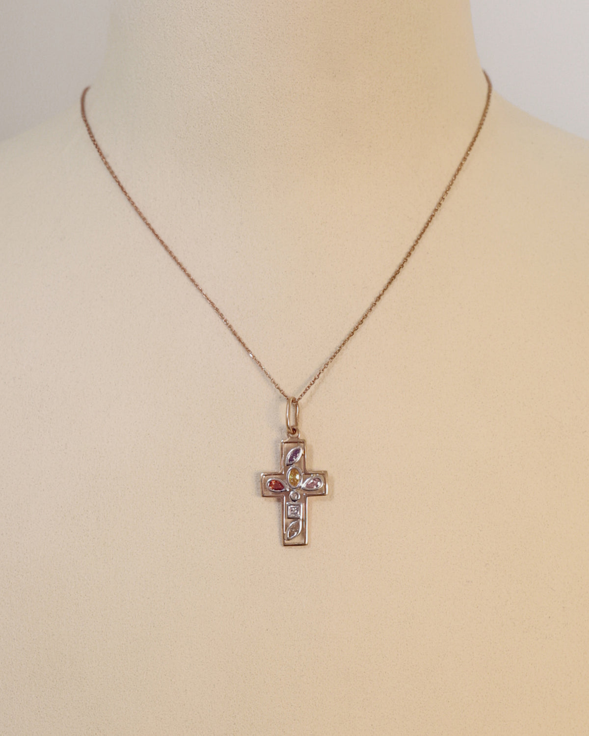 Cross Gemstone Pendant in 14K Mixed Color Gold