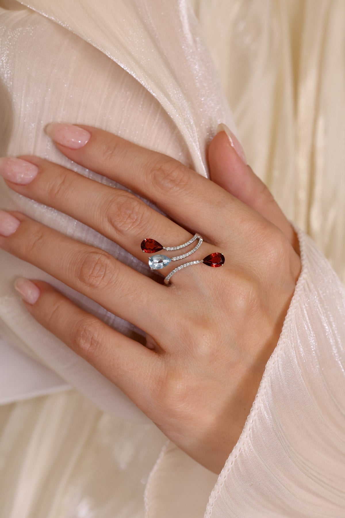Garnet, Topaz and Diamond Bypass Ring in 18K White Gold – view 2
