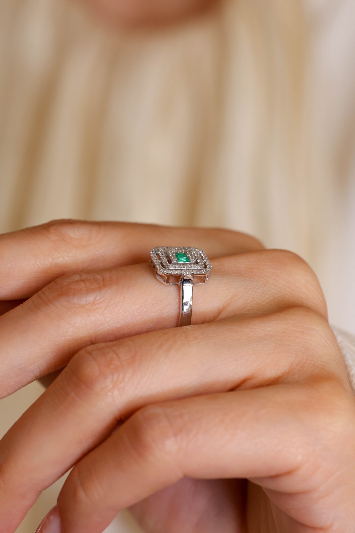 Emerald and Double Halo Diamond Ring in 18K White Gold – view 2