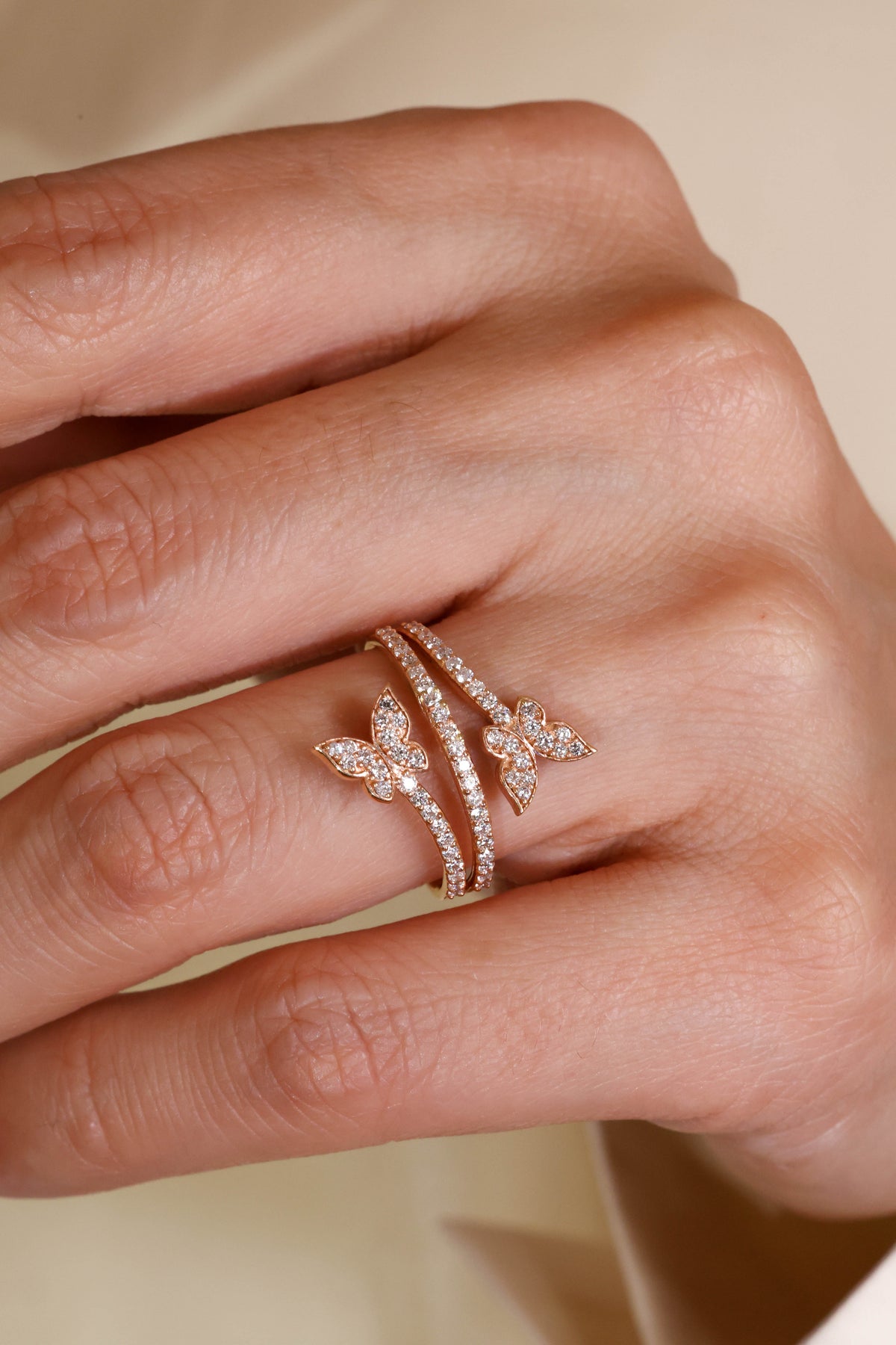 Twin Butterfly Bypass Pavé Diamond Ring in 18K Rose Gold – view 2