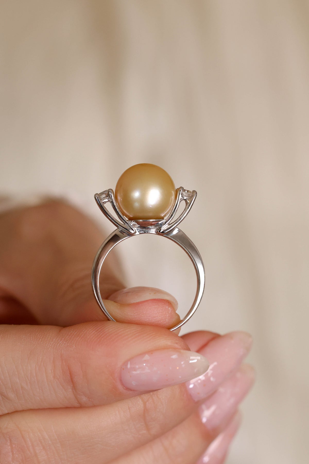 Golden Pearl and Side Diamond Ring in 18K White Gold – view 2