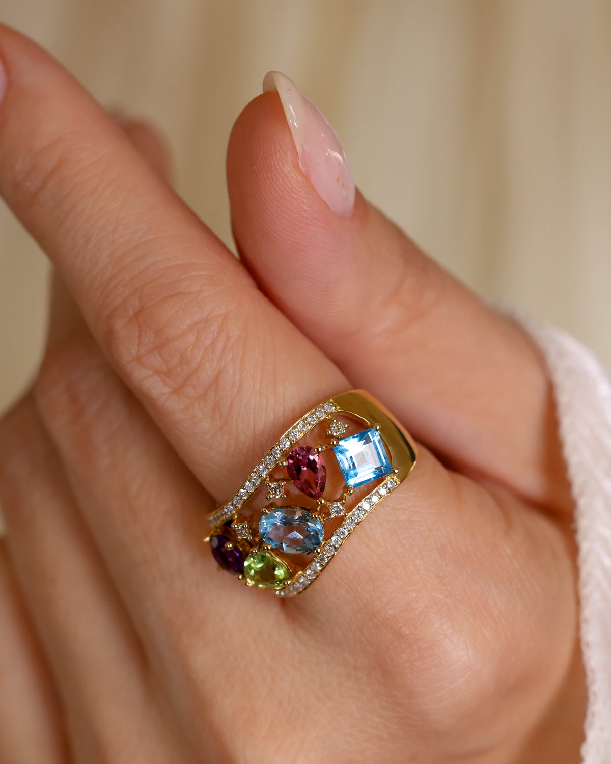 Multi-Gemstone and Diamond Wide Band Ring in 18K Yellow Gold