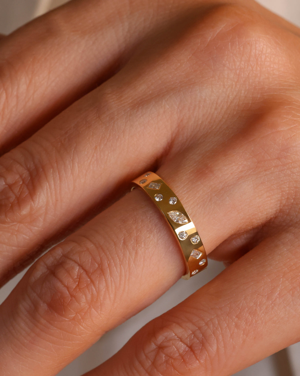 Mixed-Cut Flush-Set Diamond Ring in 18K Yellow Gold, 0.19 ct