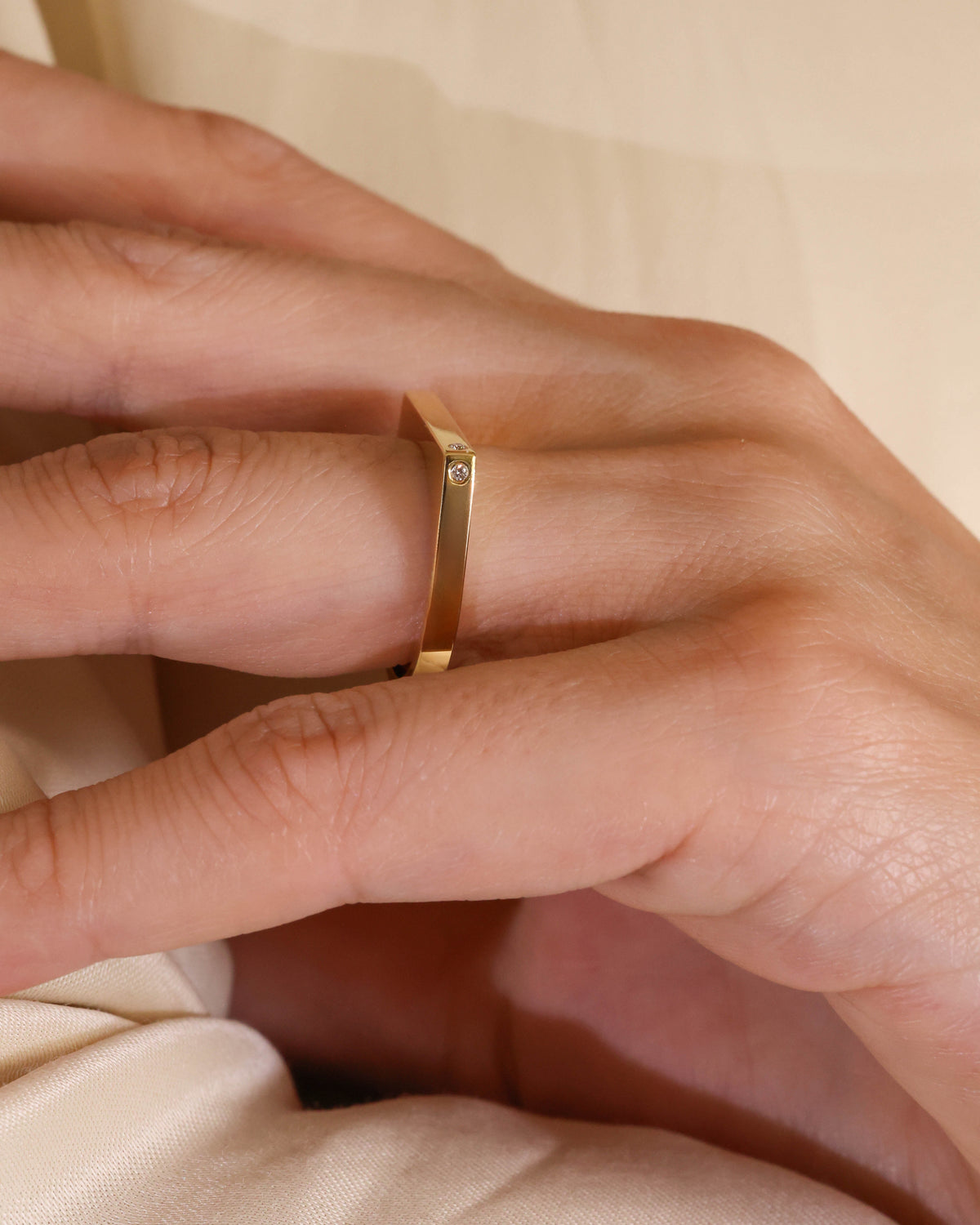 Geometric Flat-Top Chevron Diamond Ring in 18K Yellow Gold, 0.02 ct