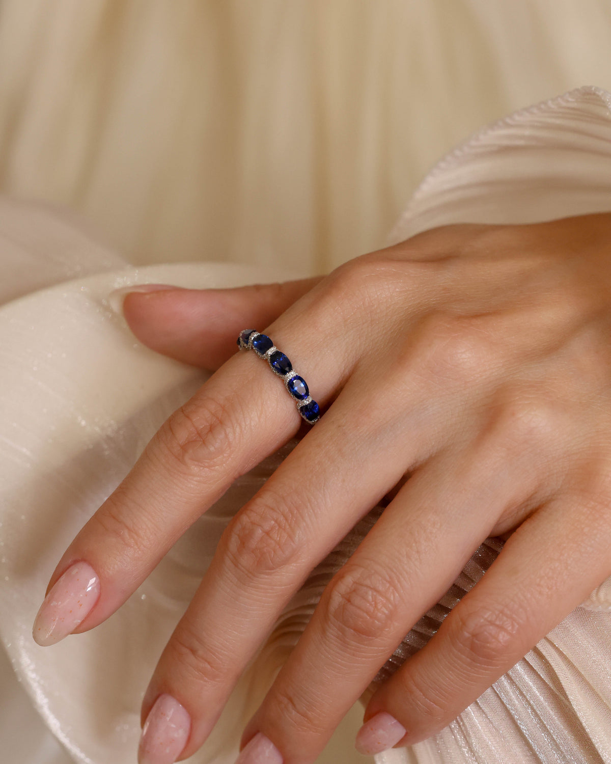 Sapphire & Diamond Scalloped Eternity Ring in 18K White Gold, 2.10 ct