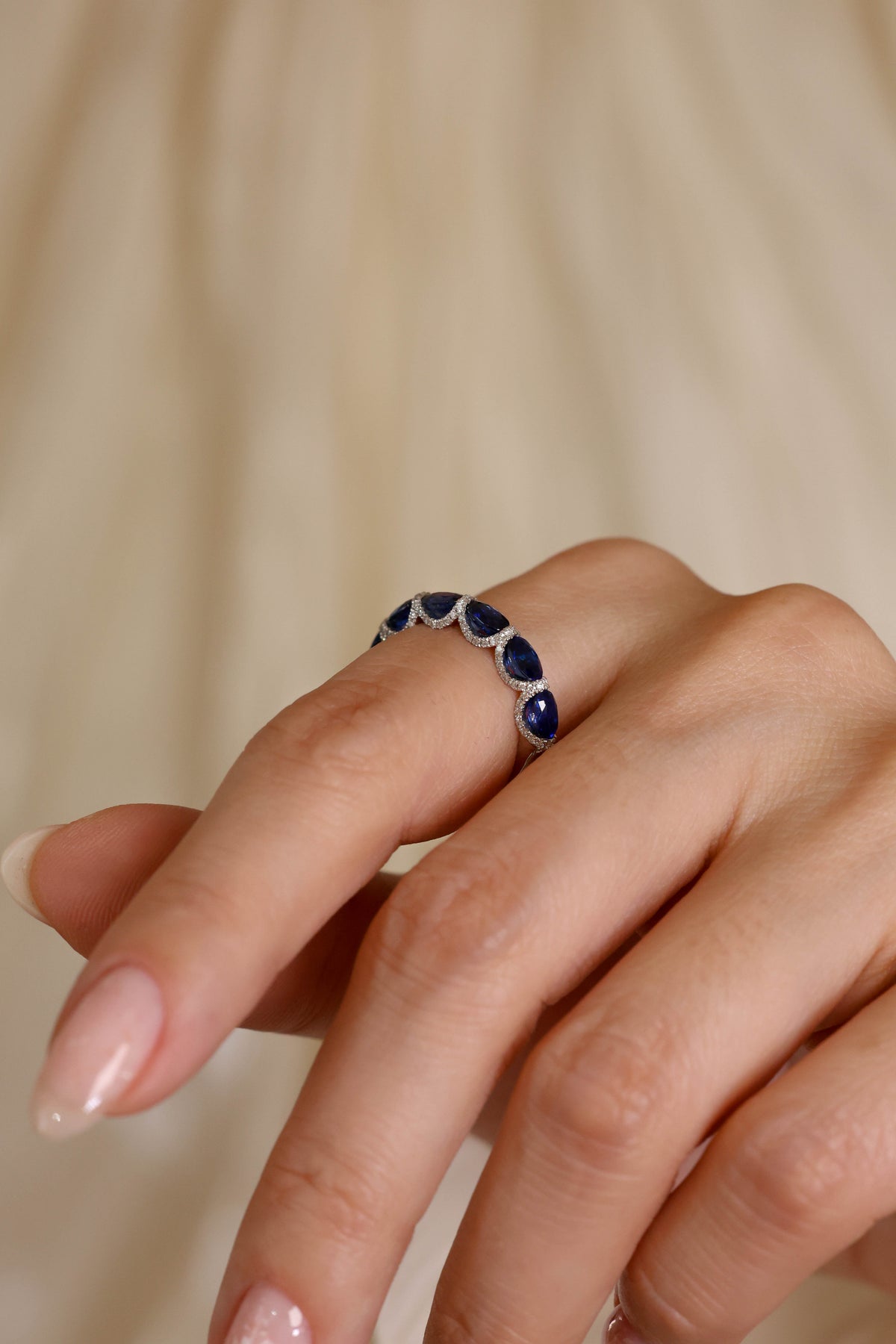 Sapphire & Diamond Scalloped Eternity Ring in 18K White Gold – view 2