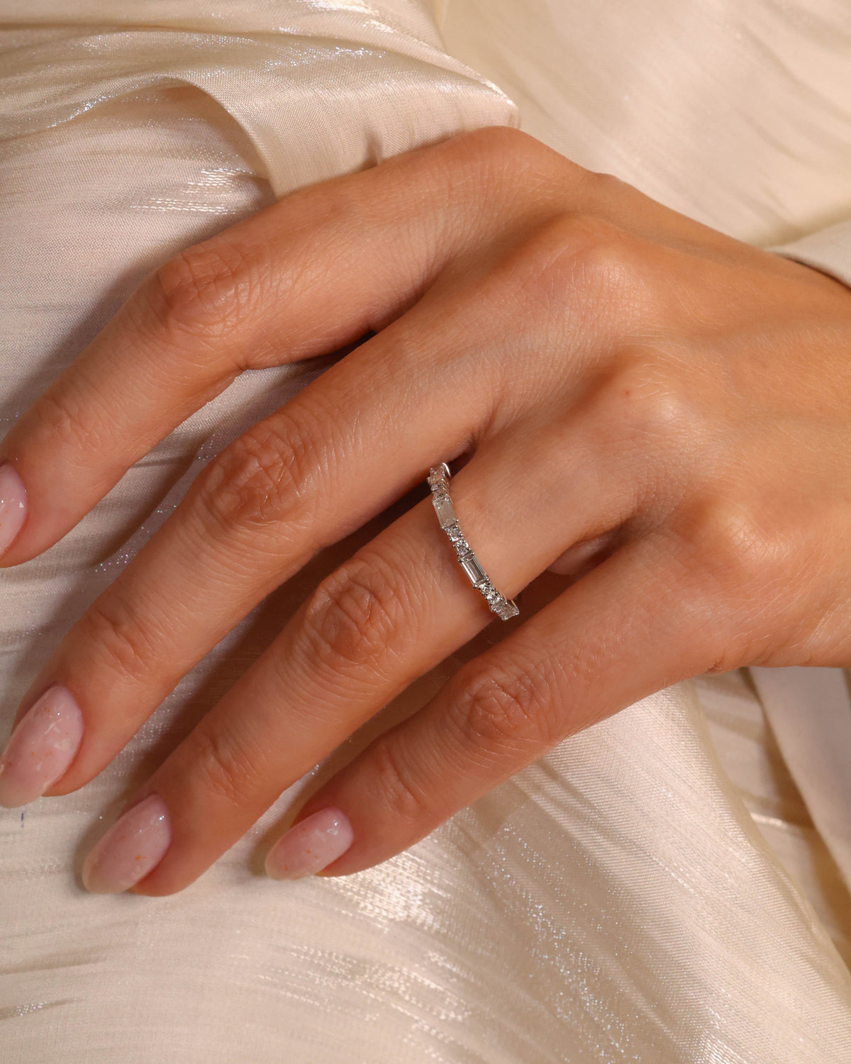 Alternating Round and Baguette Diamond Ring in 18K White Gold, 0.58 ct