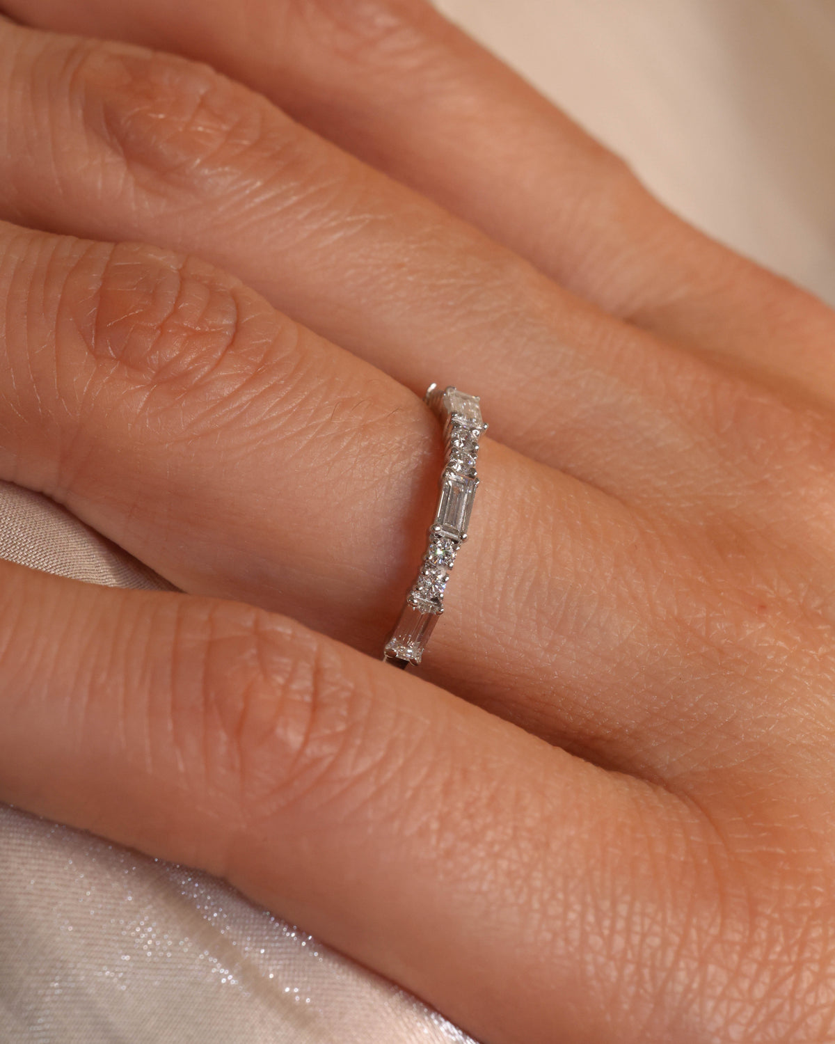 Alternating Round and Baguette Diamond Ring in 18K White Gold – view 2