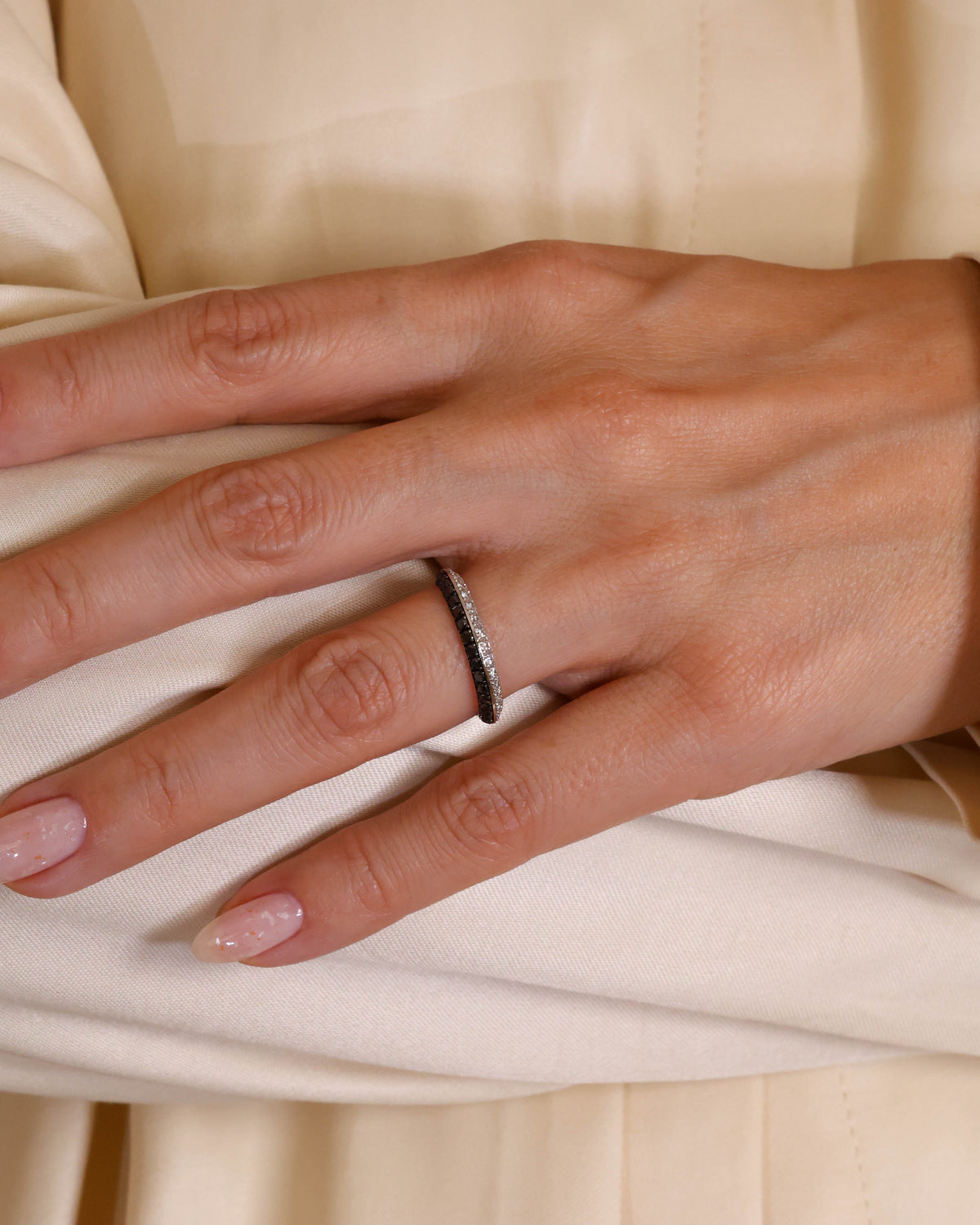 Curved Knife-Edge Black & White Diamond Ring in 18K White Gold, 0.60 ct