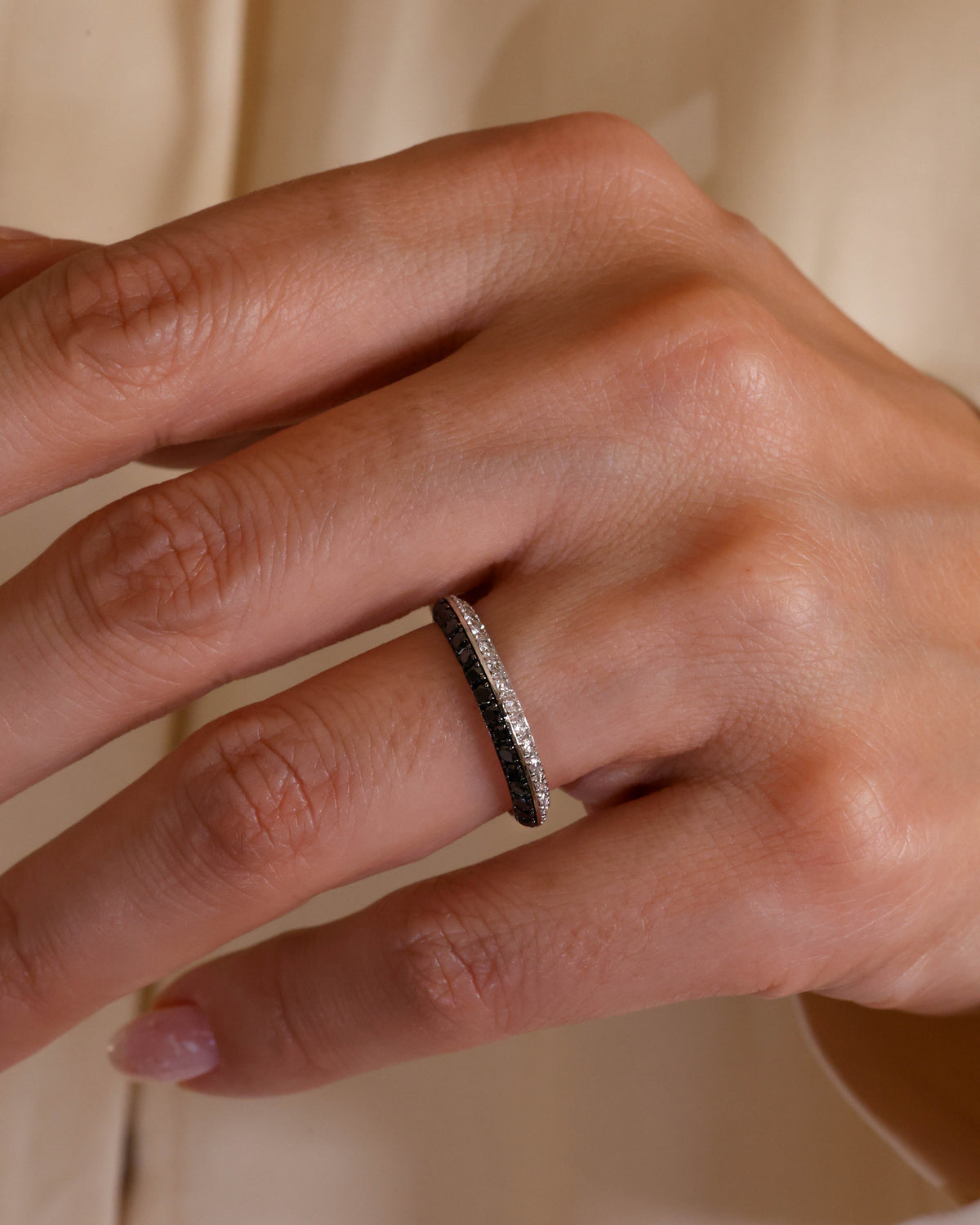 Curved Knife-Edge Black & White Diamond Ring in 18K White Gold – view 2