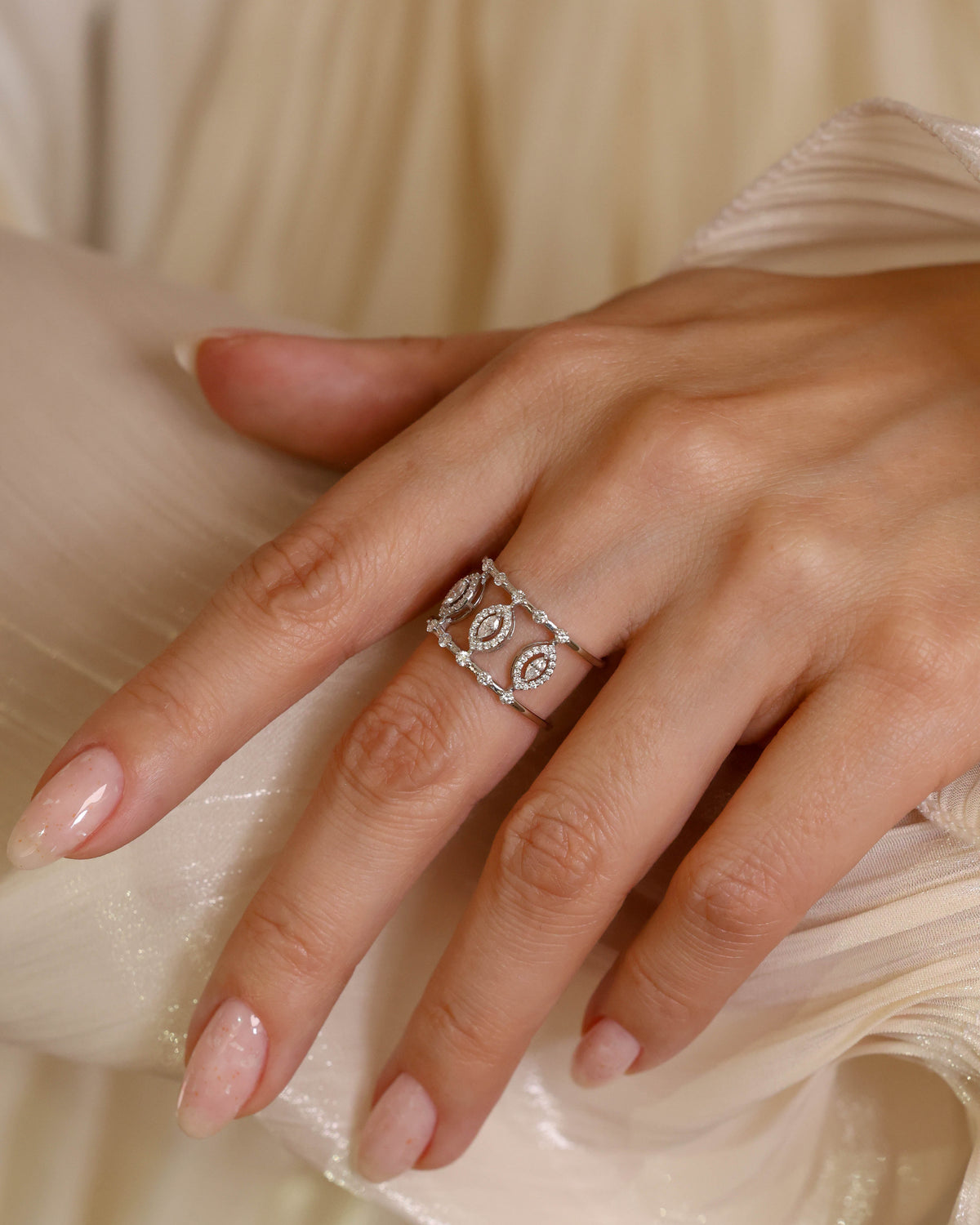 Marquise Motif Wide Openwork Diamond Ring in 18K White Gold, 0.48 ct