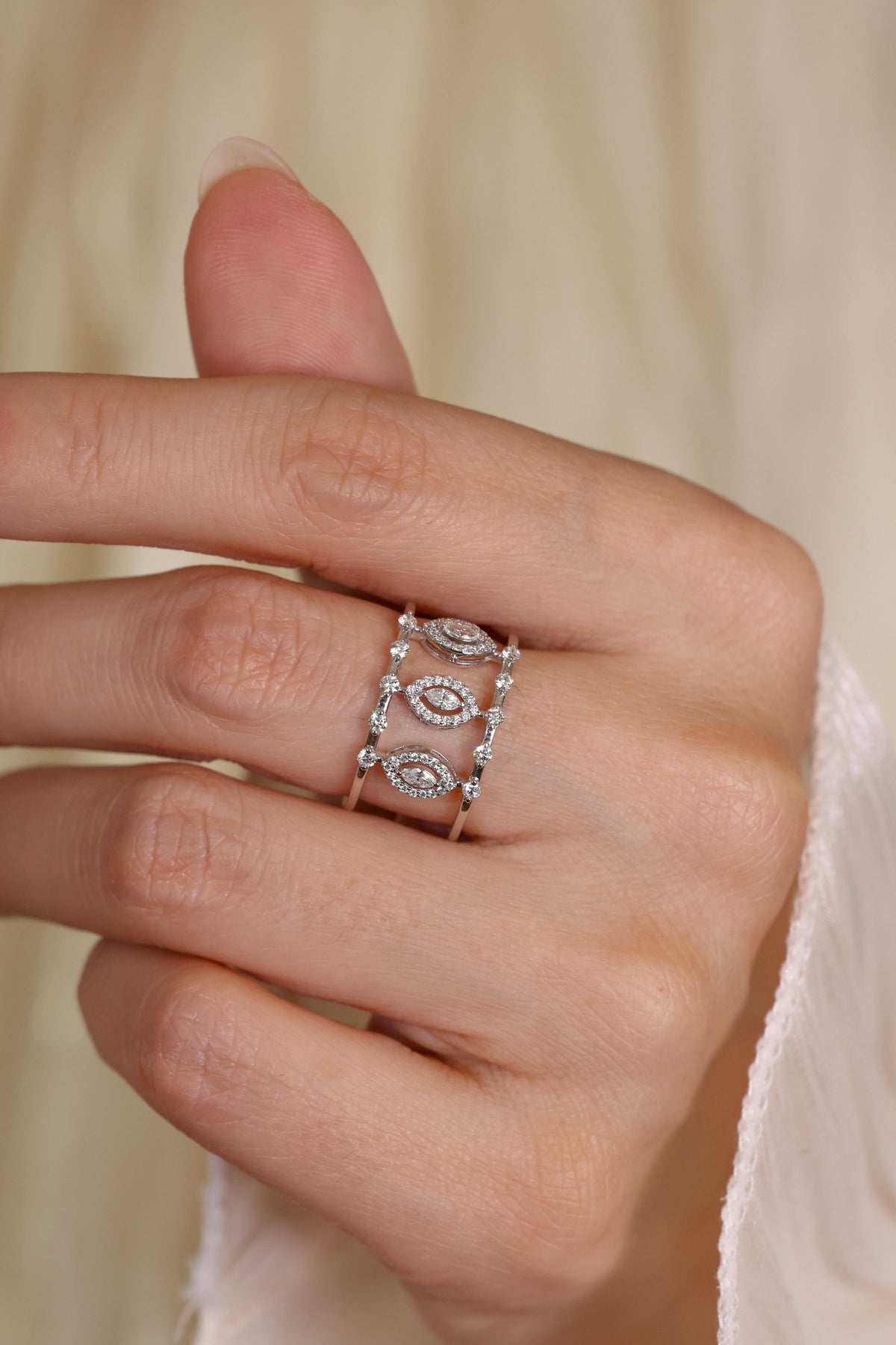 Marquise Motif Wide Openwork Diamond Ring in 18K White Gold – view 2