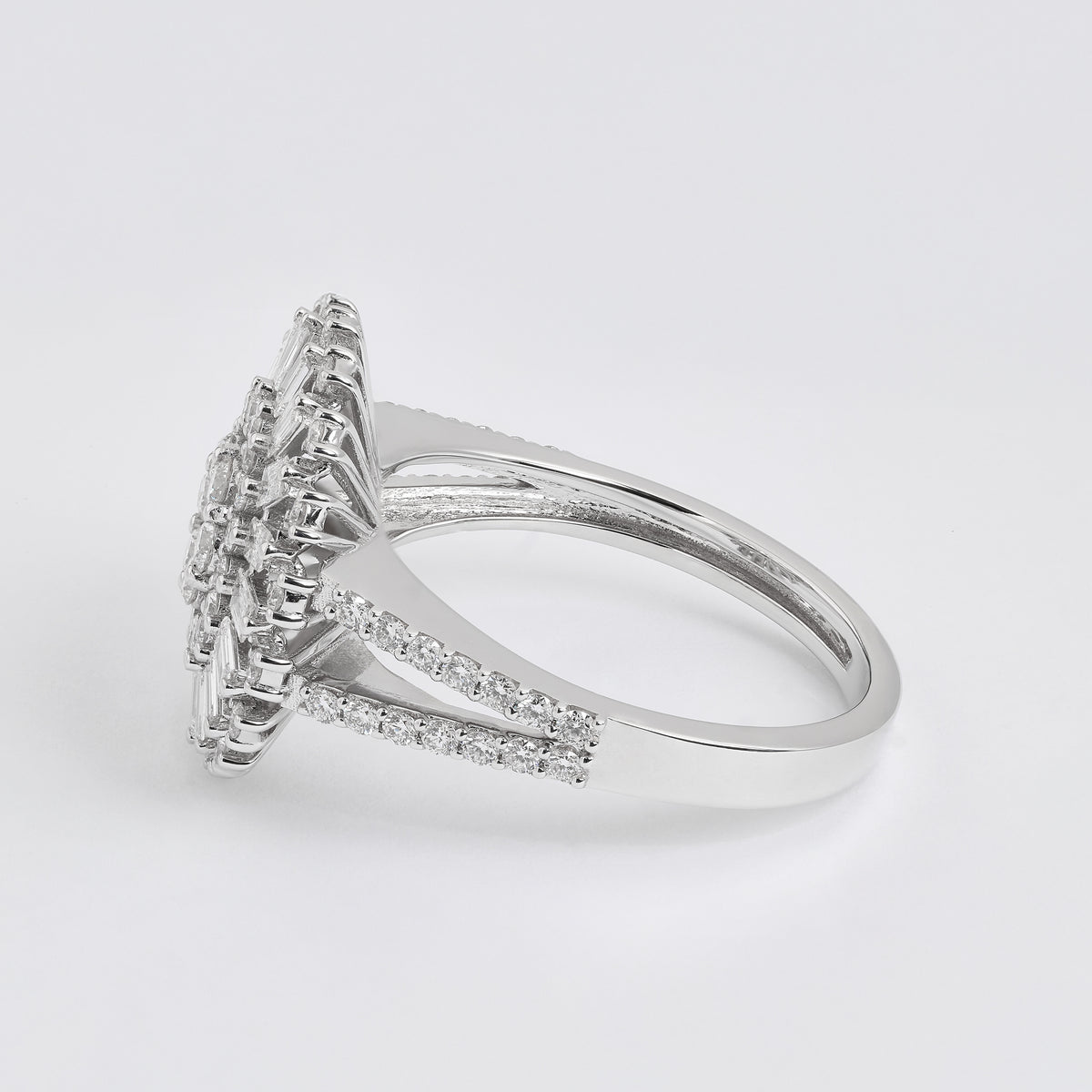 Baguette and Round Diamond Sunburst Wheel Ring in 18K White Gold – view 3
