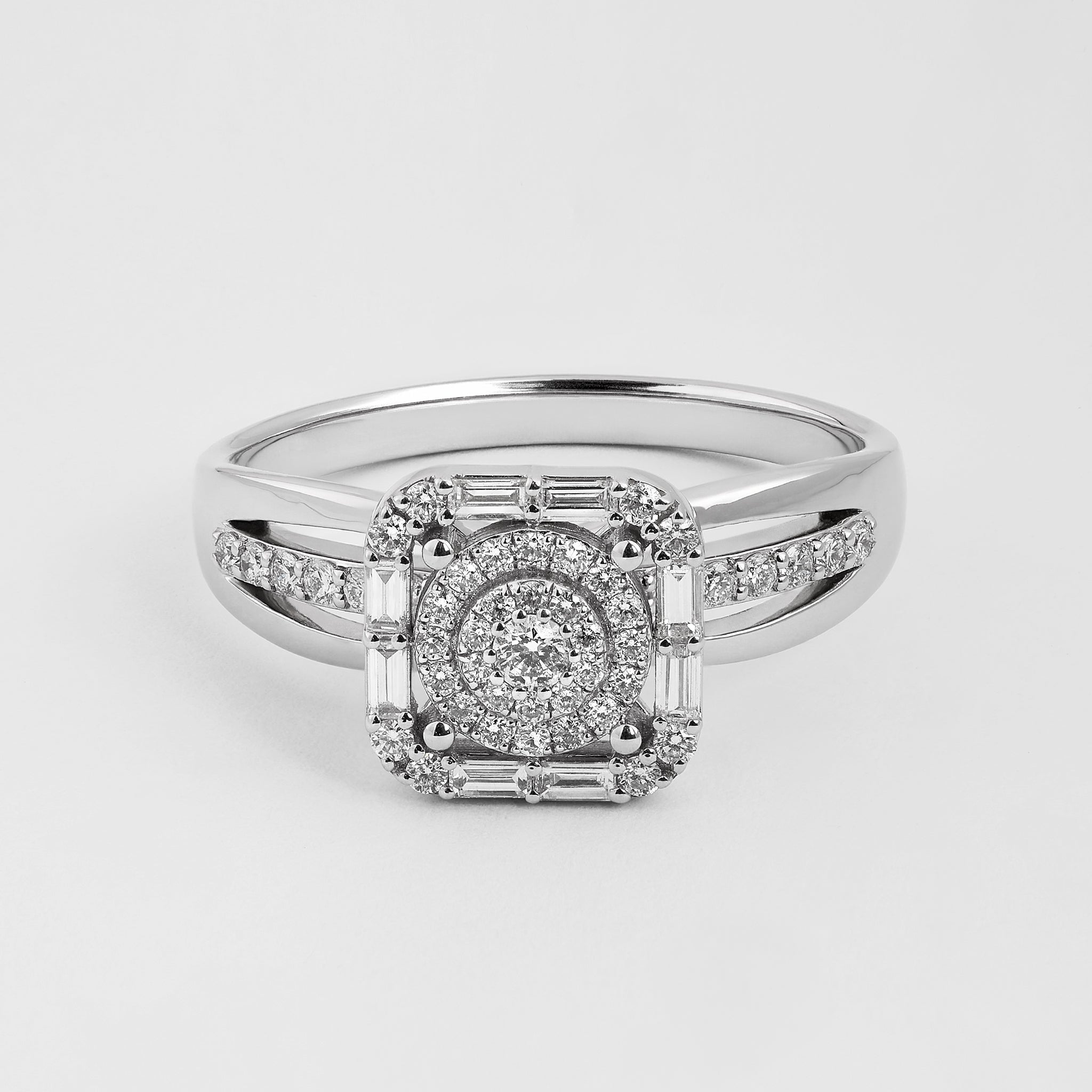 0.44 ct Baguette and Round Diamond Square Ring in 18K White Gold