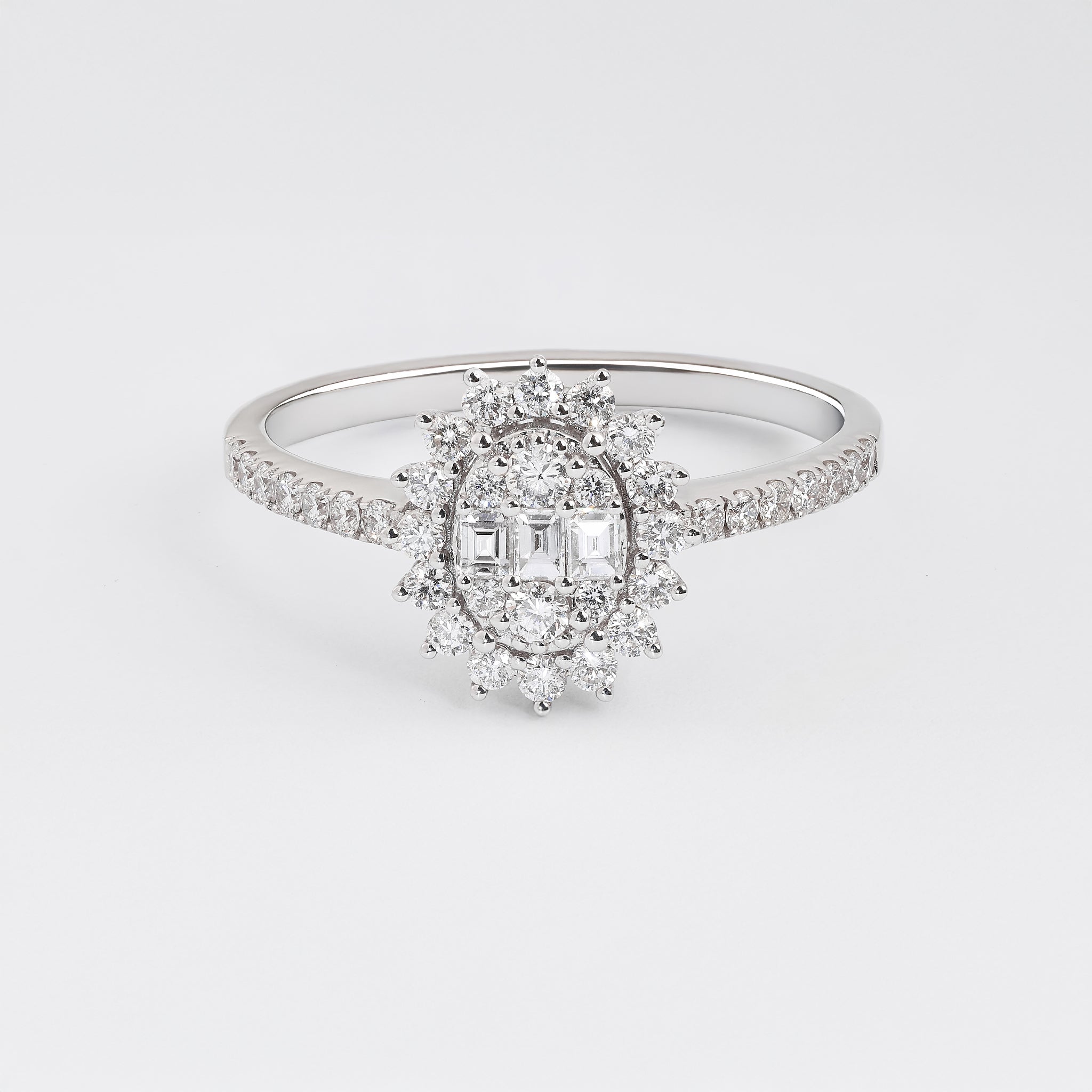 0.52 ct Baguette and Oval Diamond Sun Ring in 18K White Gold
