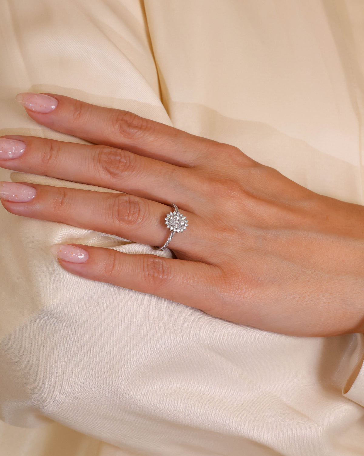 Baguette and Round Diamond Sunburst Halo Ring in 18K White Gold, 0.52 ct