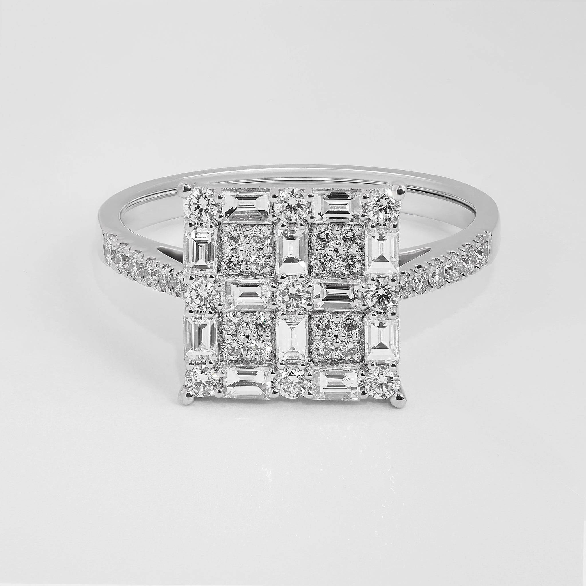 0.85 ct Baguette and Round Diamond Chess Ring in 18K White Gold