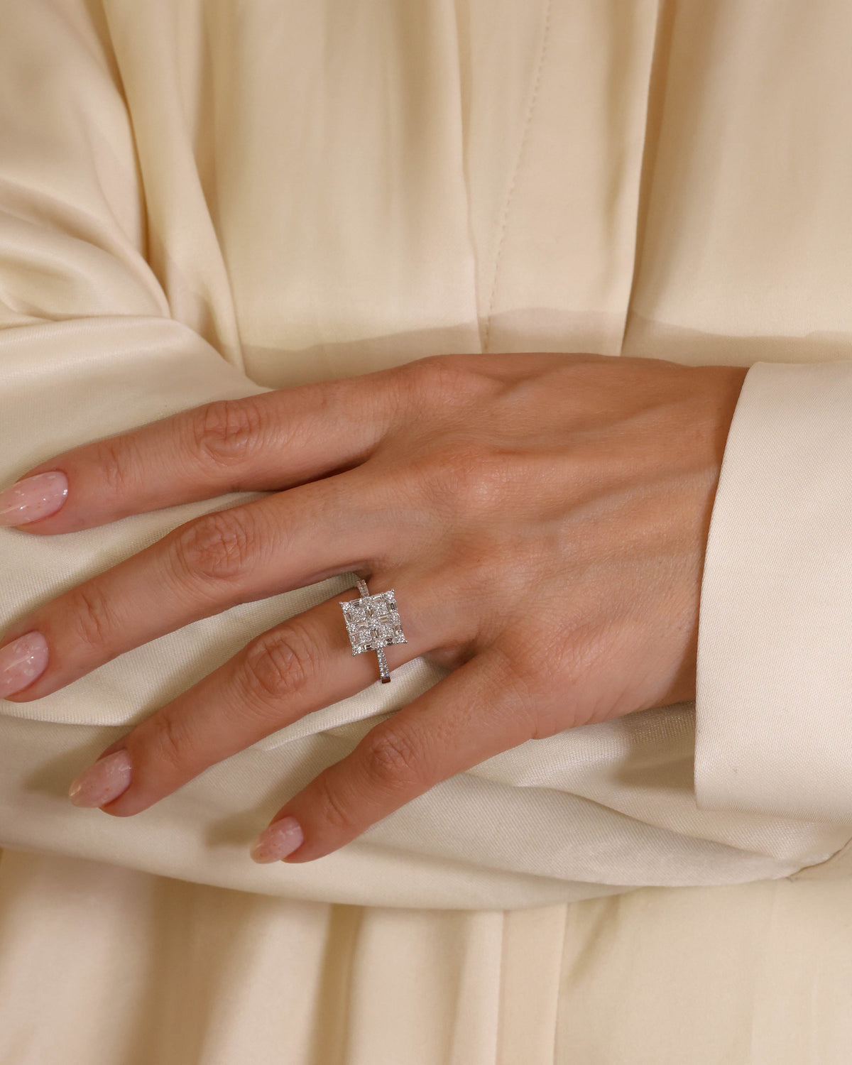 Baguette and Round Diamond Chessboard Cluster Ring in 18K White Gold, 0.85 ct