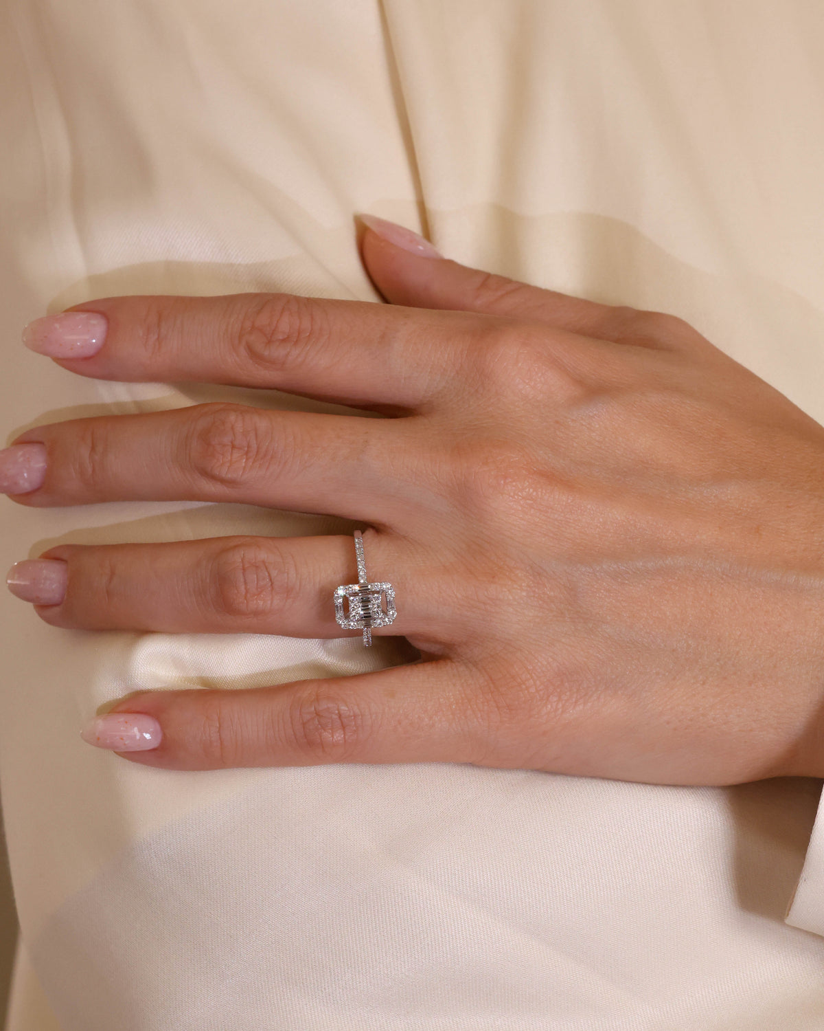 Mosaic Emerald-Cut Diamond Engagement Ring in 18K White Gold, 0.58 ct
