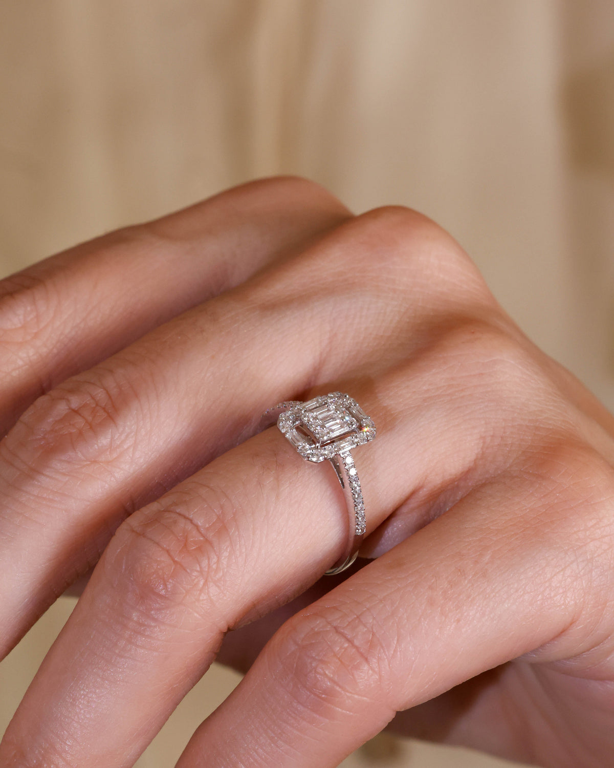 Mosaic Emerald-Cut Diamond Engagement Ring in 18K White Gold – view 3