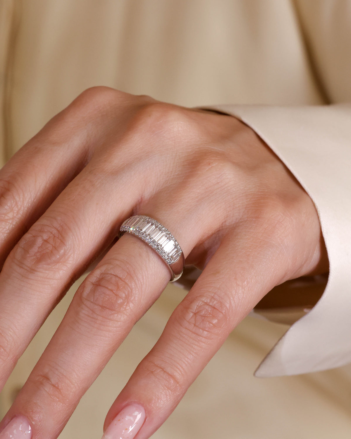 Baguette & Round Three-Row Diamond Band in 18K White Gold – view 2