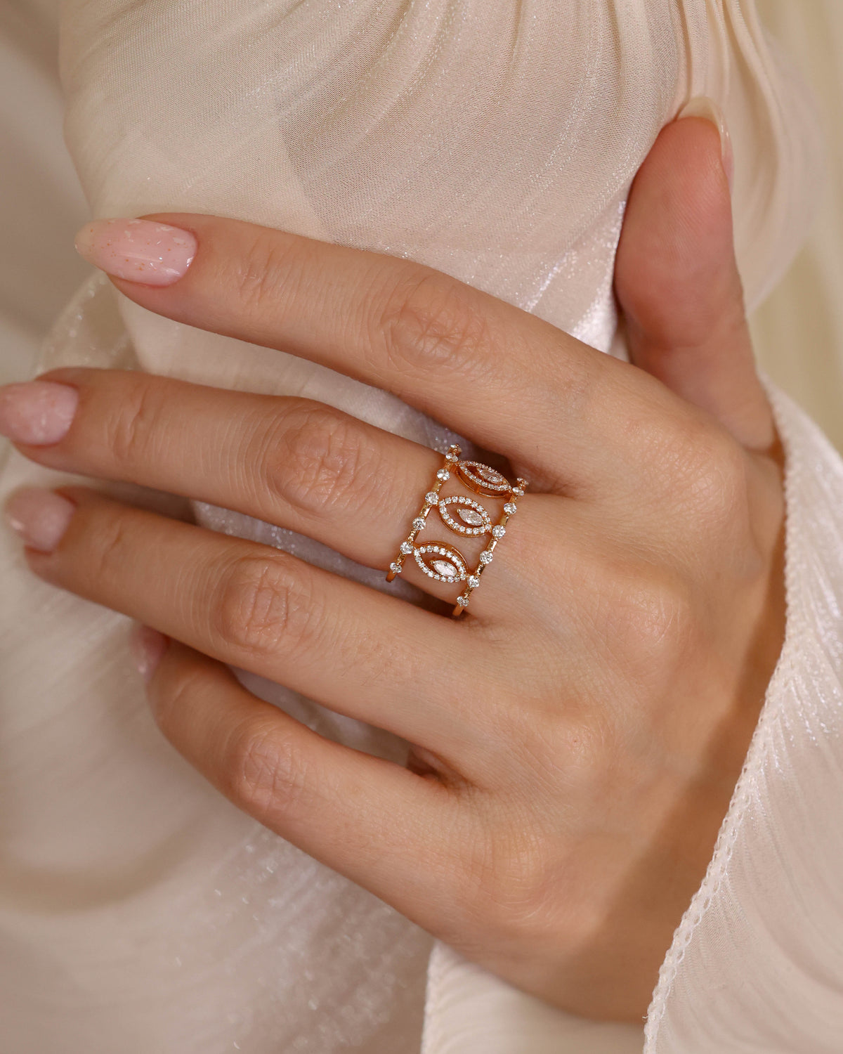 Marquise Motif Wide Openwork Diamond Ring in 18K Rose Gold, 0.60 ct