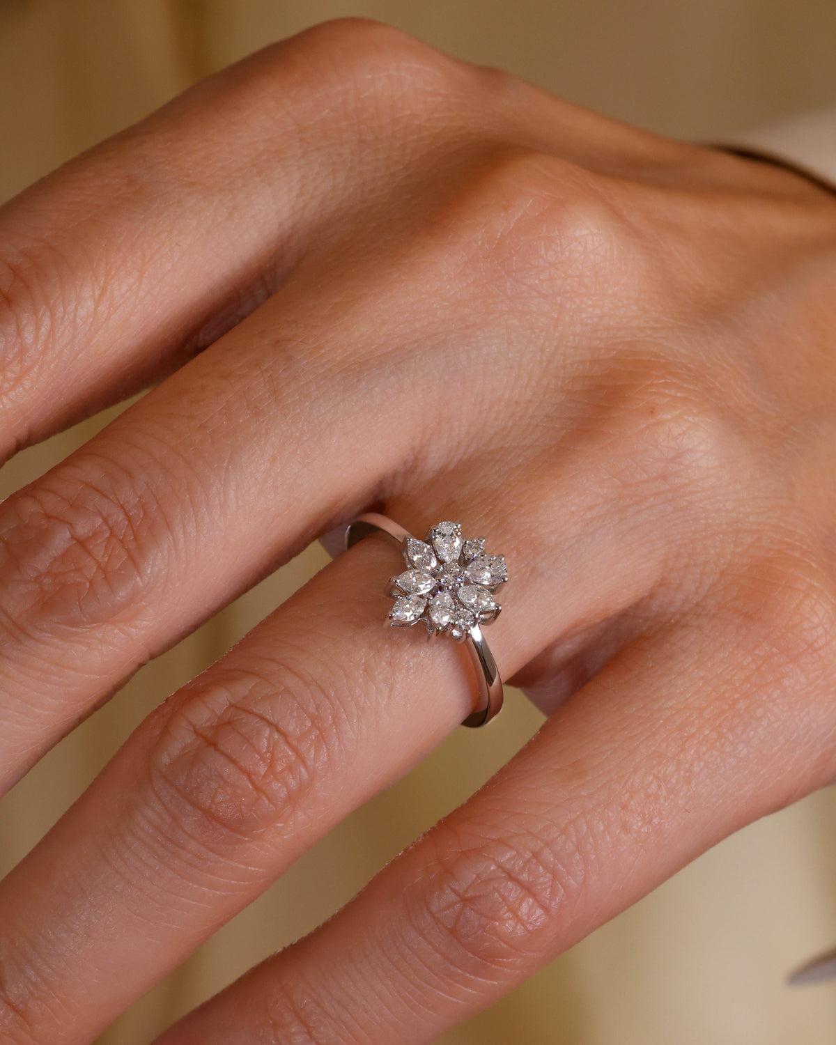 Flower Cluster Pear & Marquise Diamond Ring in 18K White Gold – view 2