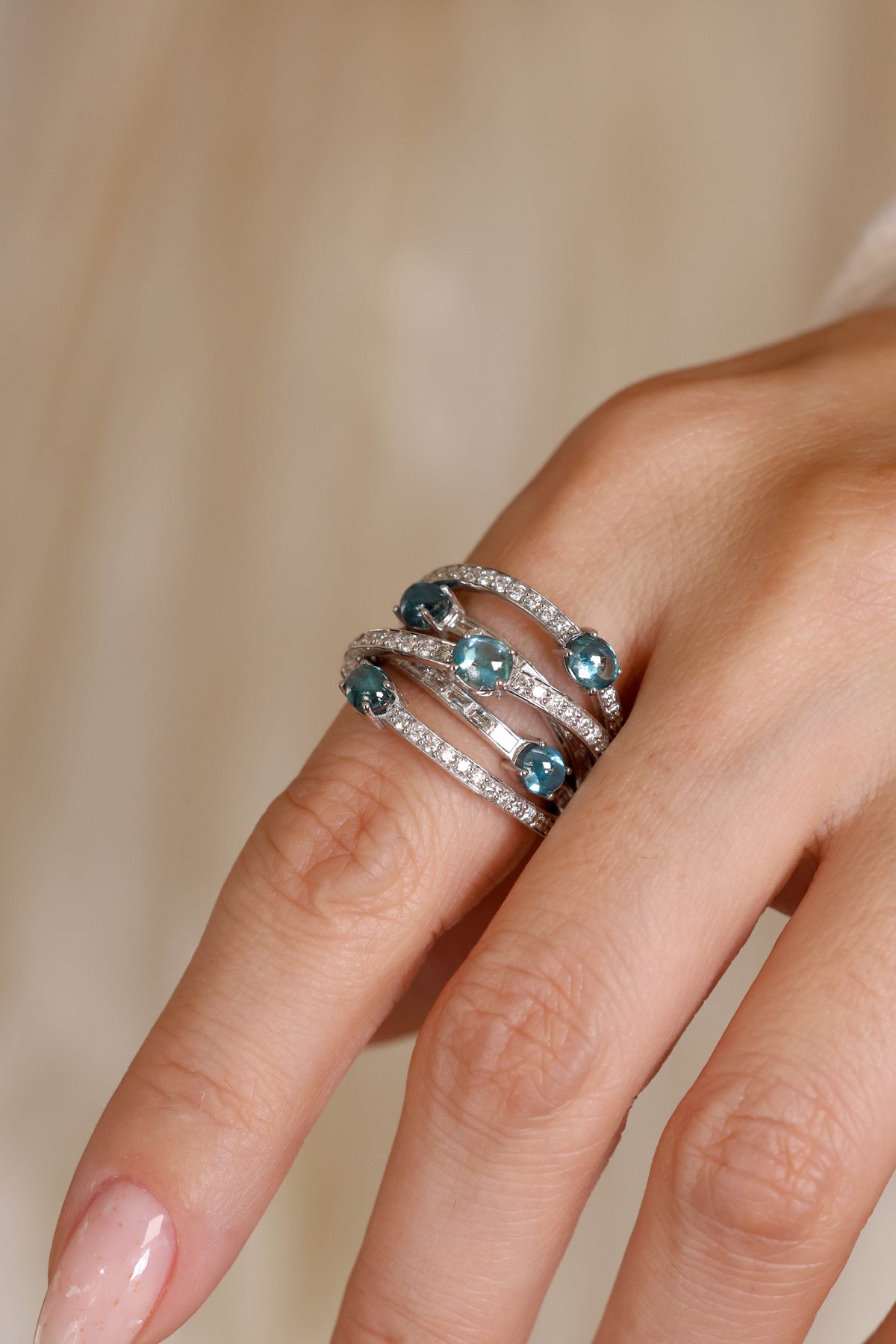 Diamond & Gemstone Multi-Band Ring in 18K White Gold – view 2