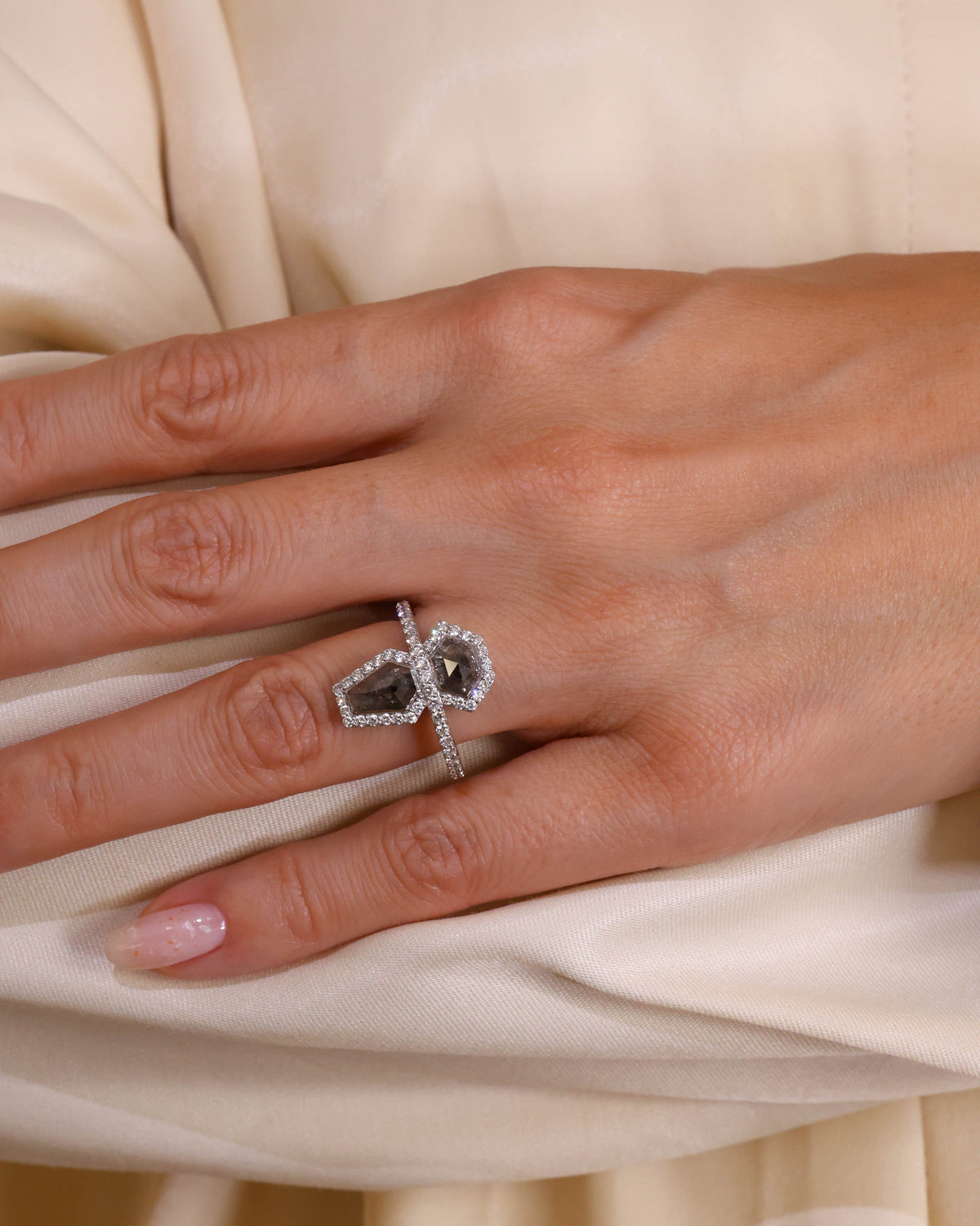 Geometric Two-Stone Salt & Pepper Diamond Ring in 18K White Gold, 2.80 ct