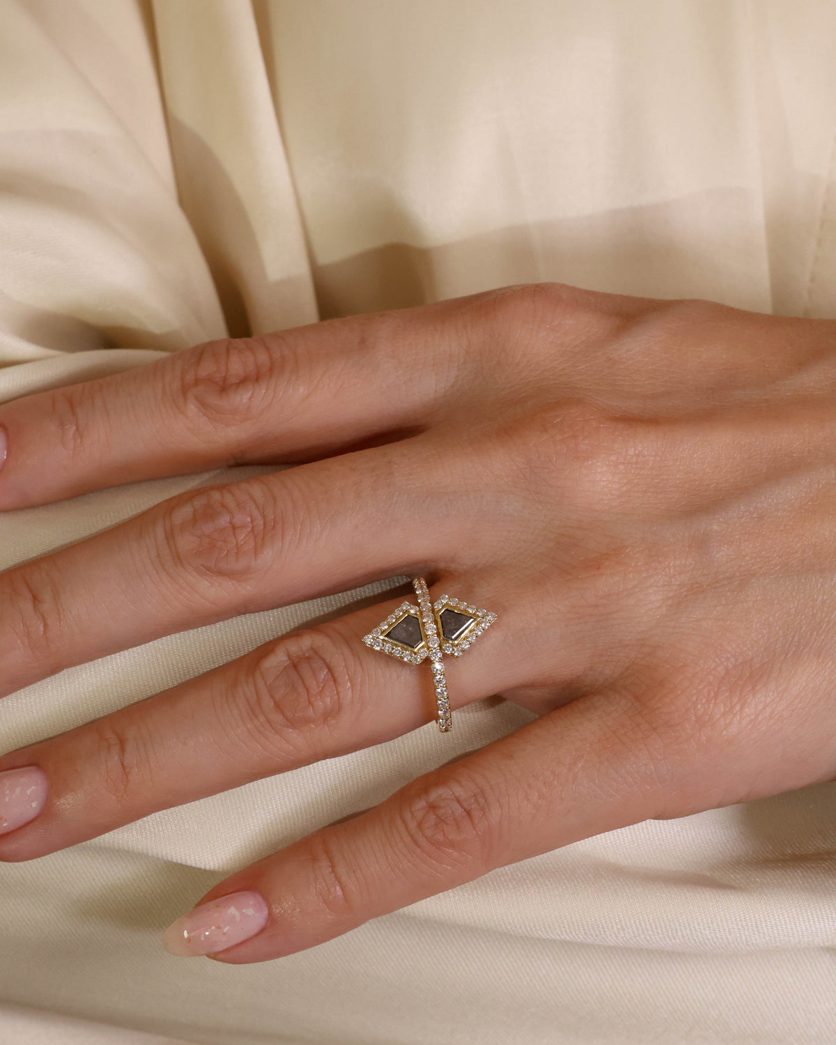 Geometric Two-Stone Salt & Pepper Diamond Ring in 18K Yellow Gold, 1.38 ct
