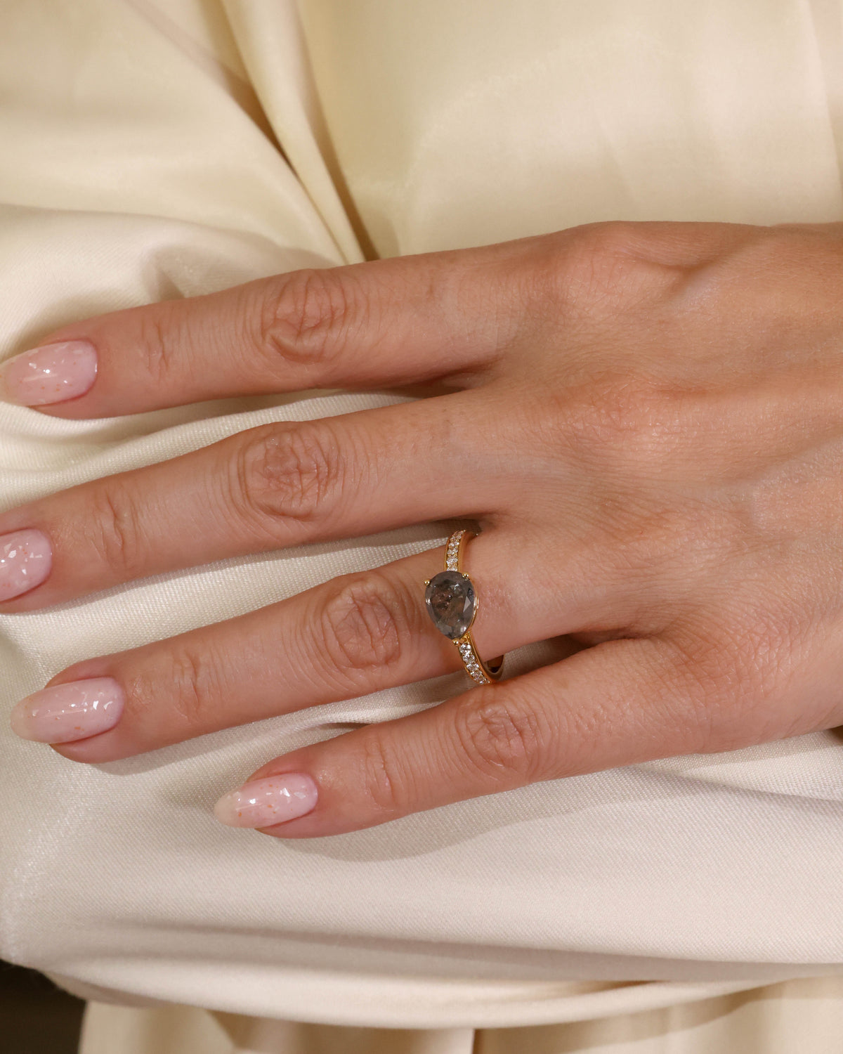 Pear-Cut Salt & Pepper Diamond Pavé Ring in 18K Yellow Gold – view 2