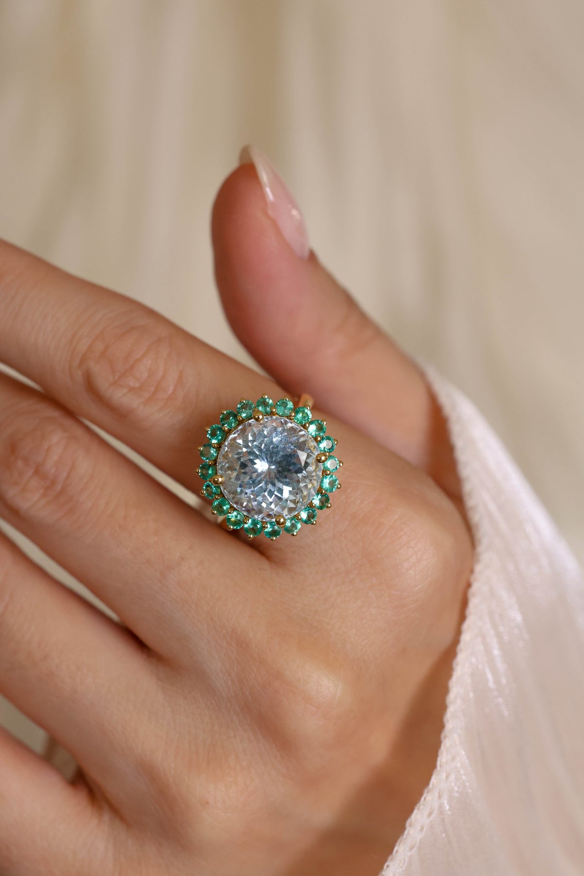 Round Aquamarine and Emerald Halo Ring – view 2