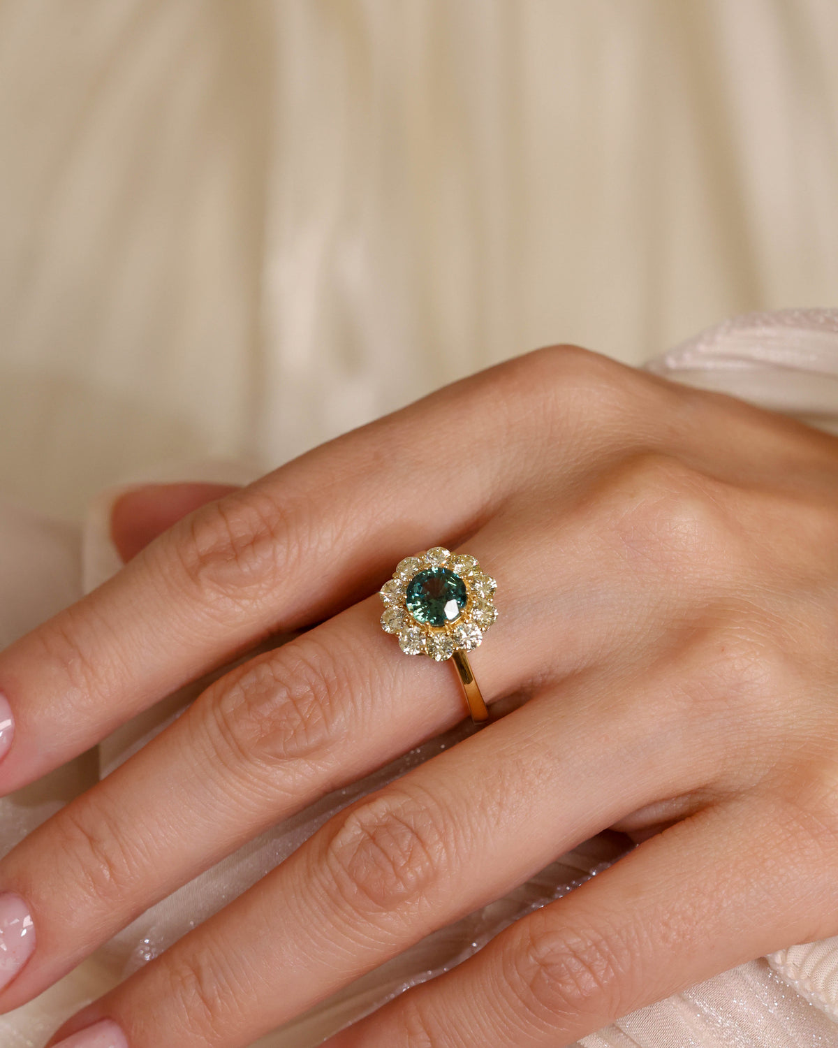 Round Teal Sapphire and Diamond Halo Ring in 18K Yellow Gold, 1.76 ct