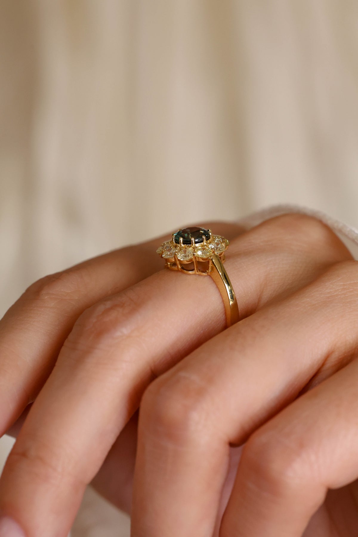 Round Teal Sapphire and Diamond Halo Ring in 18K Yellow Gold – view 2