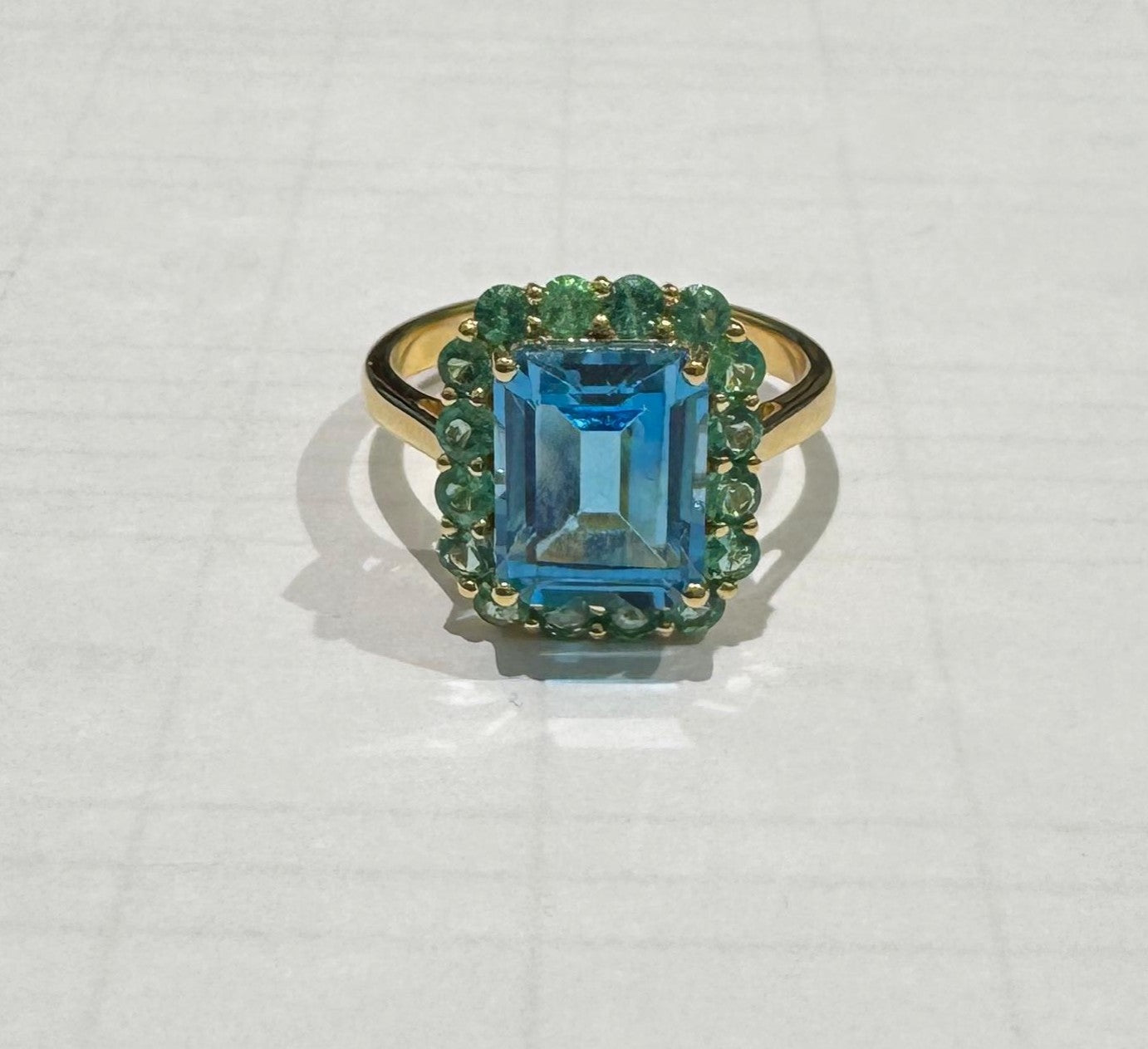 4.37 ct Blue Topaz and 0.85 ct Emerald Ring