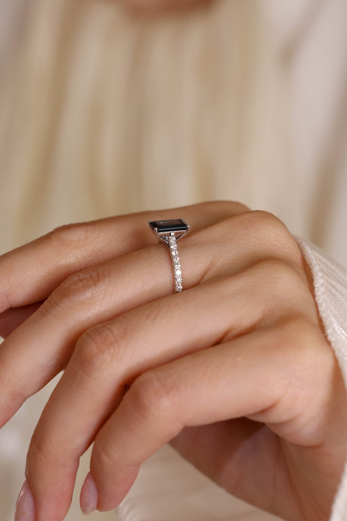 Emerald-Cut Blue Sapphire and Diamond Ring in 18K White Gold – view 2