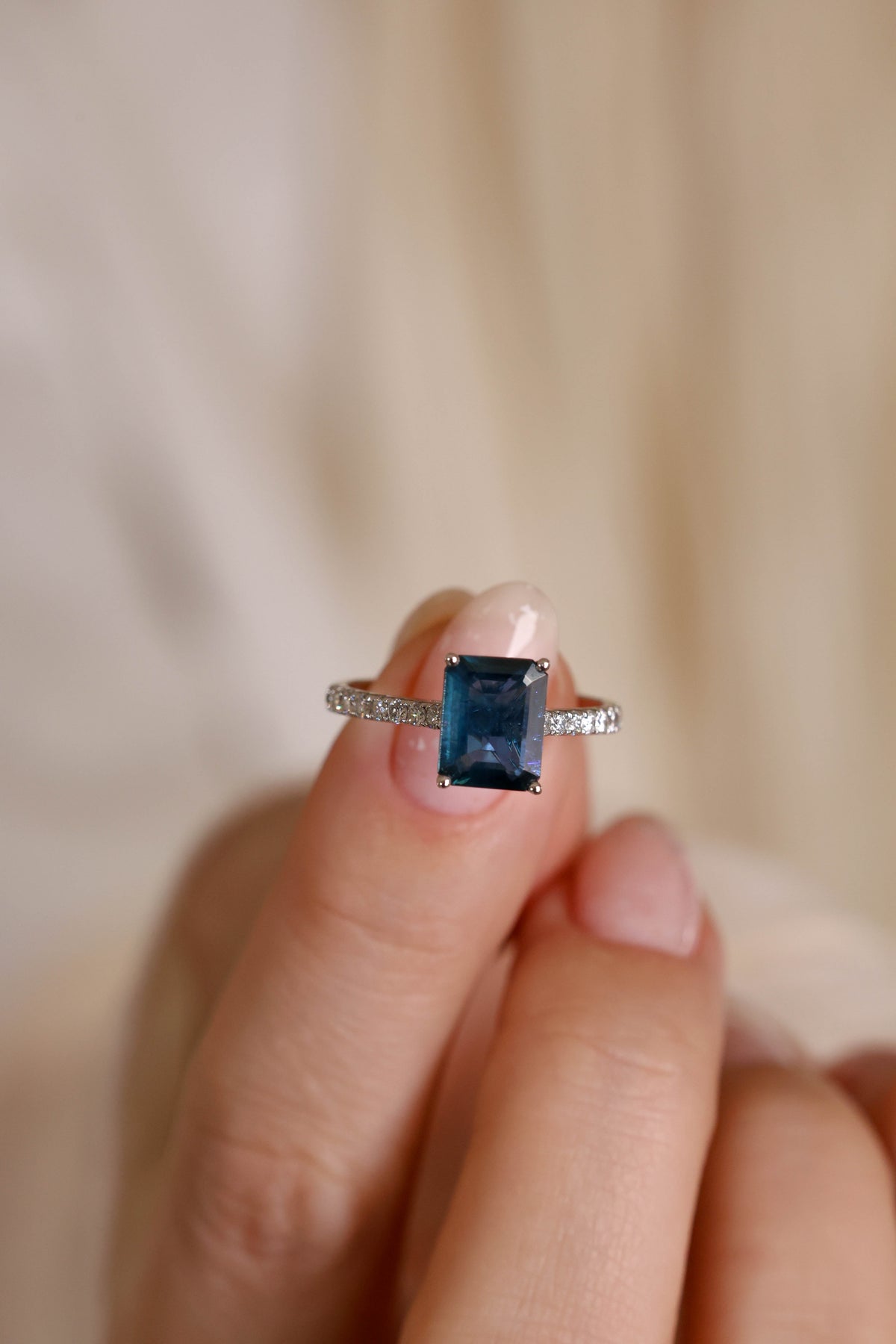 Emerald-Cut Blue Sapphire and Diamond Ring in 18K White Gold – view 3
