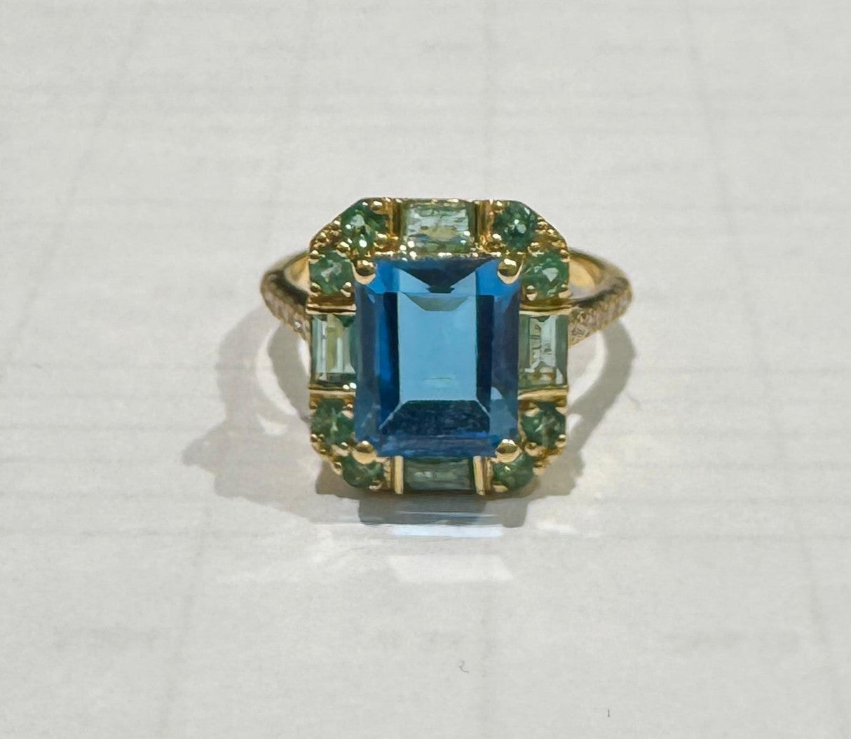 0.19 ct Diamond, 0.88 ct Emerald and 5.10 ct Blue Topaz Ring