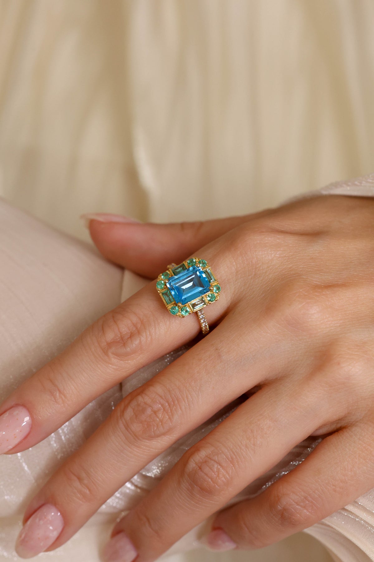 Blue Topaz, Emerald and Diamond Ring – view 2