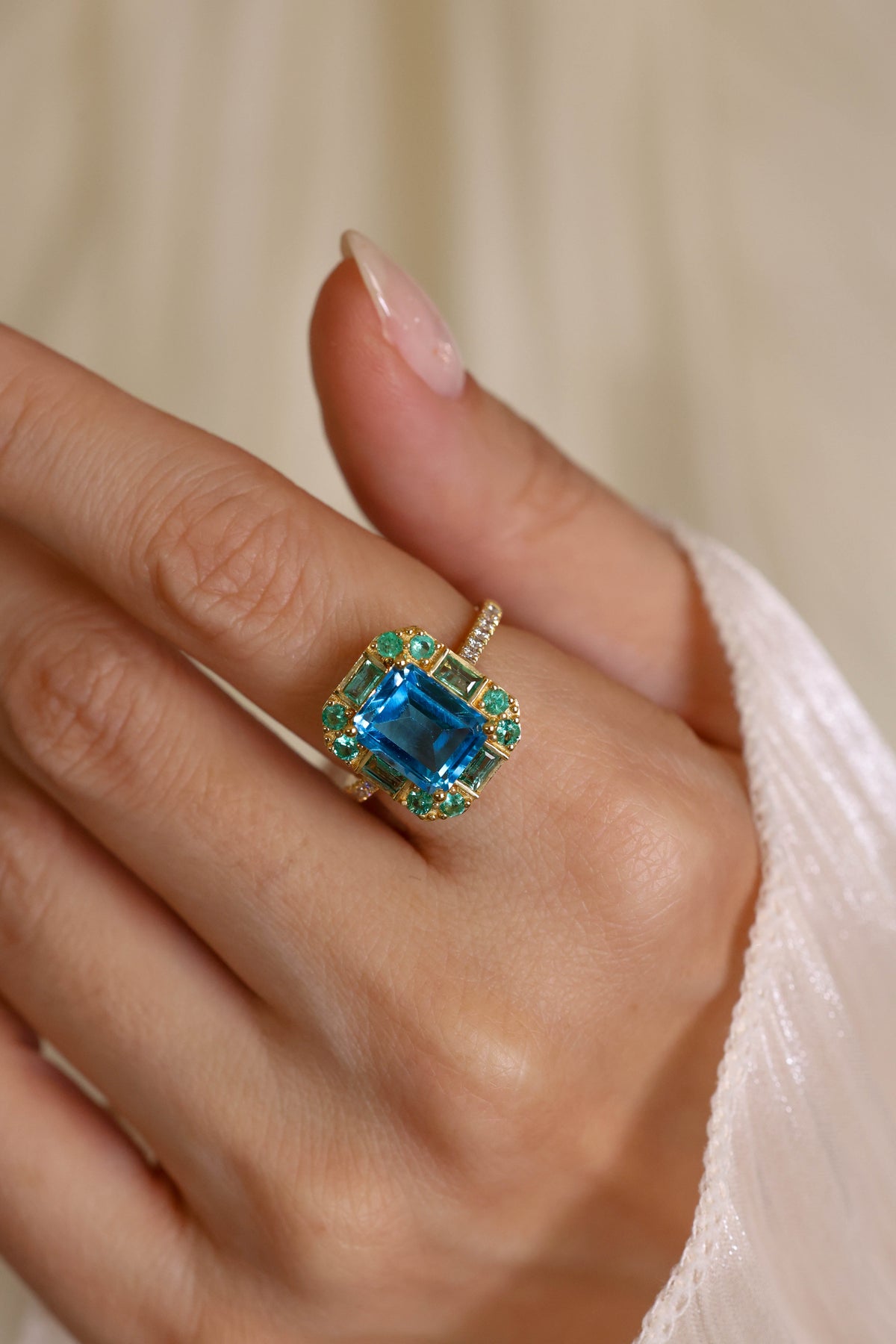 Blue Topaz, Emerald and Diamond Ring – view 3